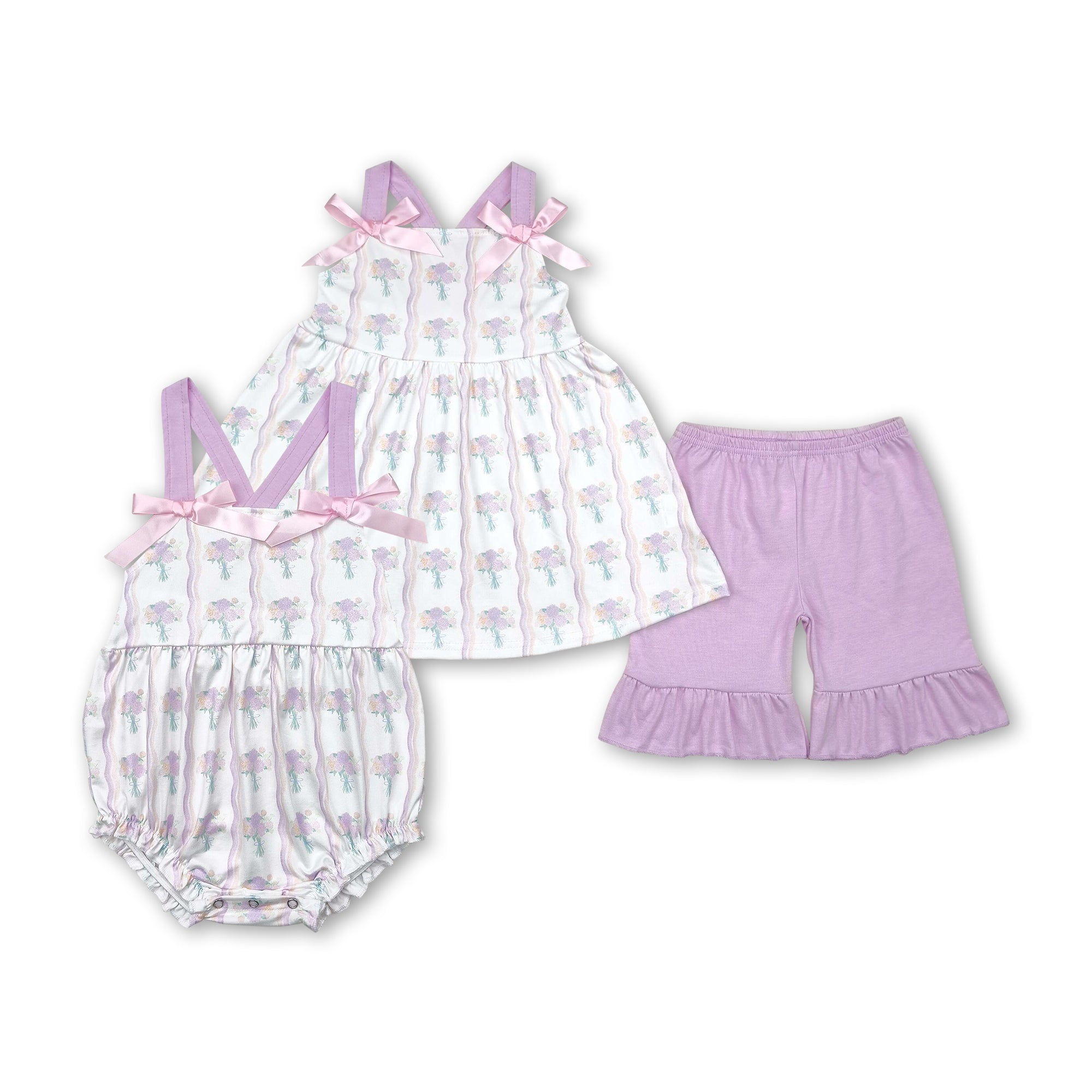 RTS girl summer matching clothes purple floral girl summer clothes girl outfit bubble