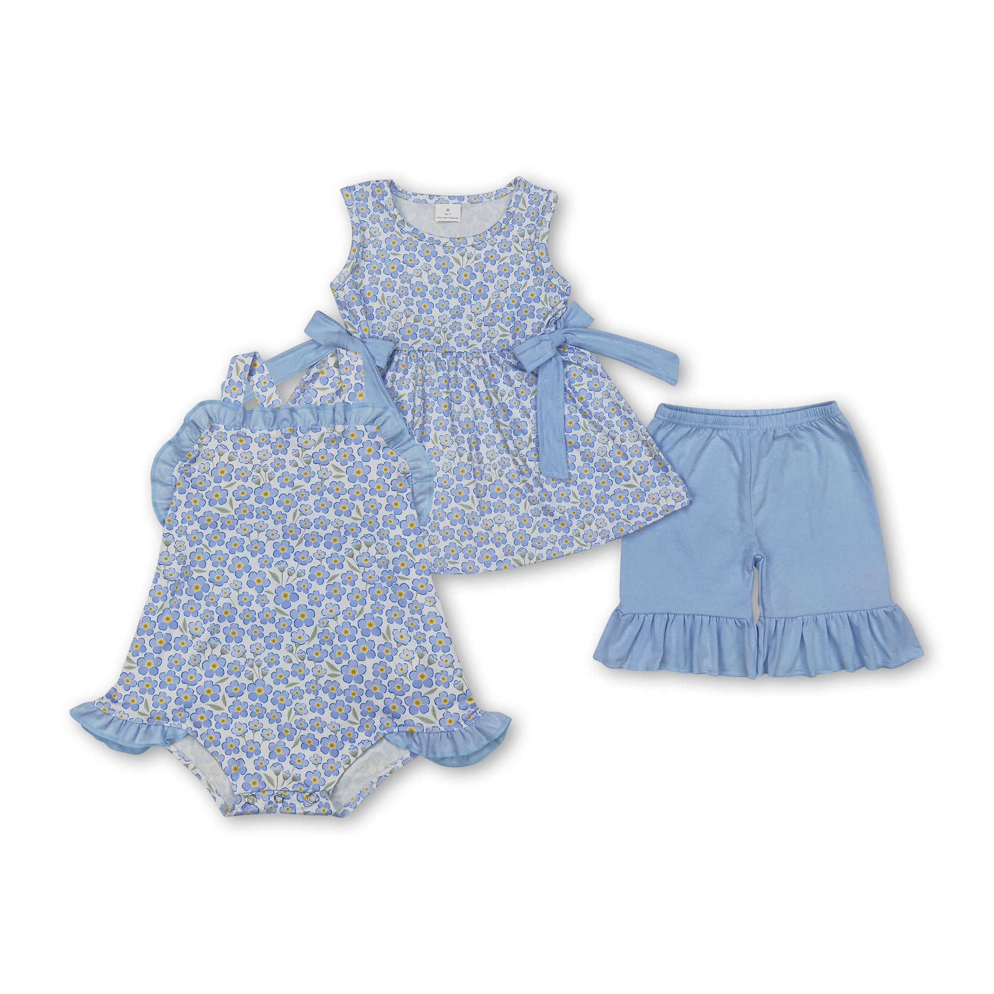 RTS girl summer matching clothes blue bow floral girl summer clothes girl outfit bubble