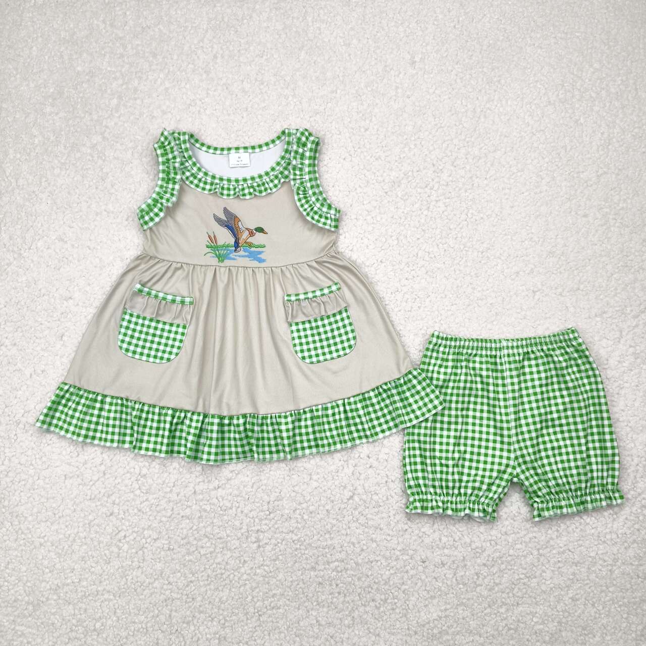 GSSO0848 3-6M to 6-7T RTS girl clothes green mallard gingham toddler girl summer outfits