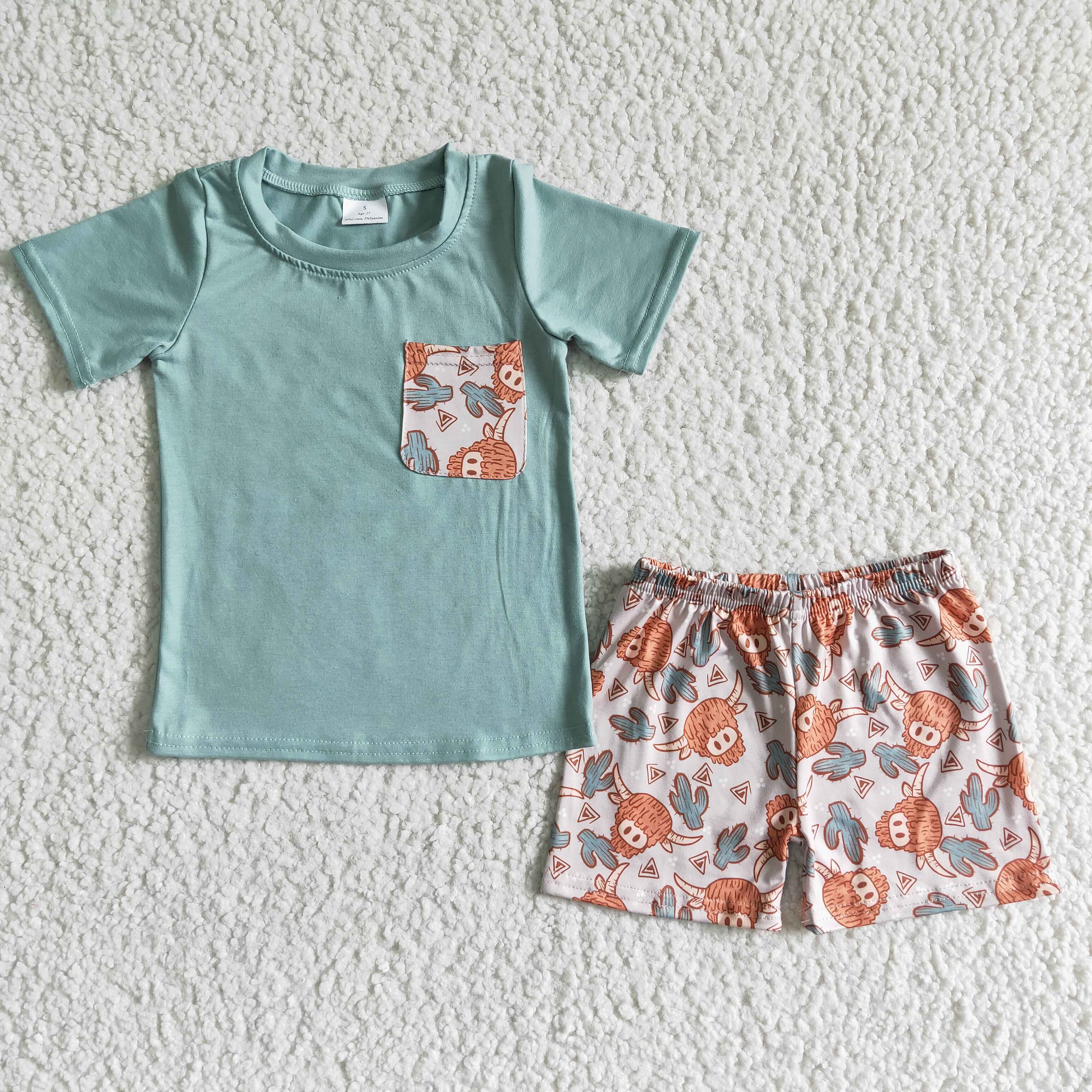 kids clothing boy green cow pocket summer set promotion 2025.7.5 $2.99