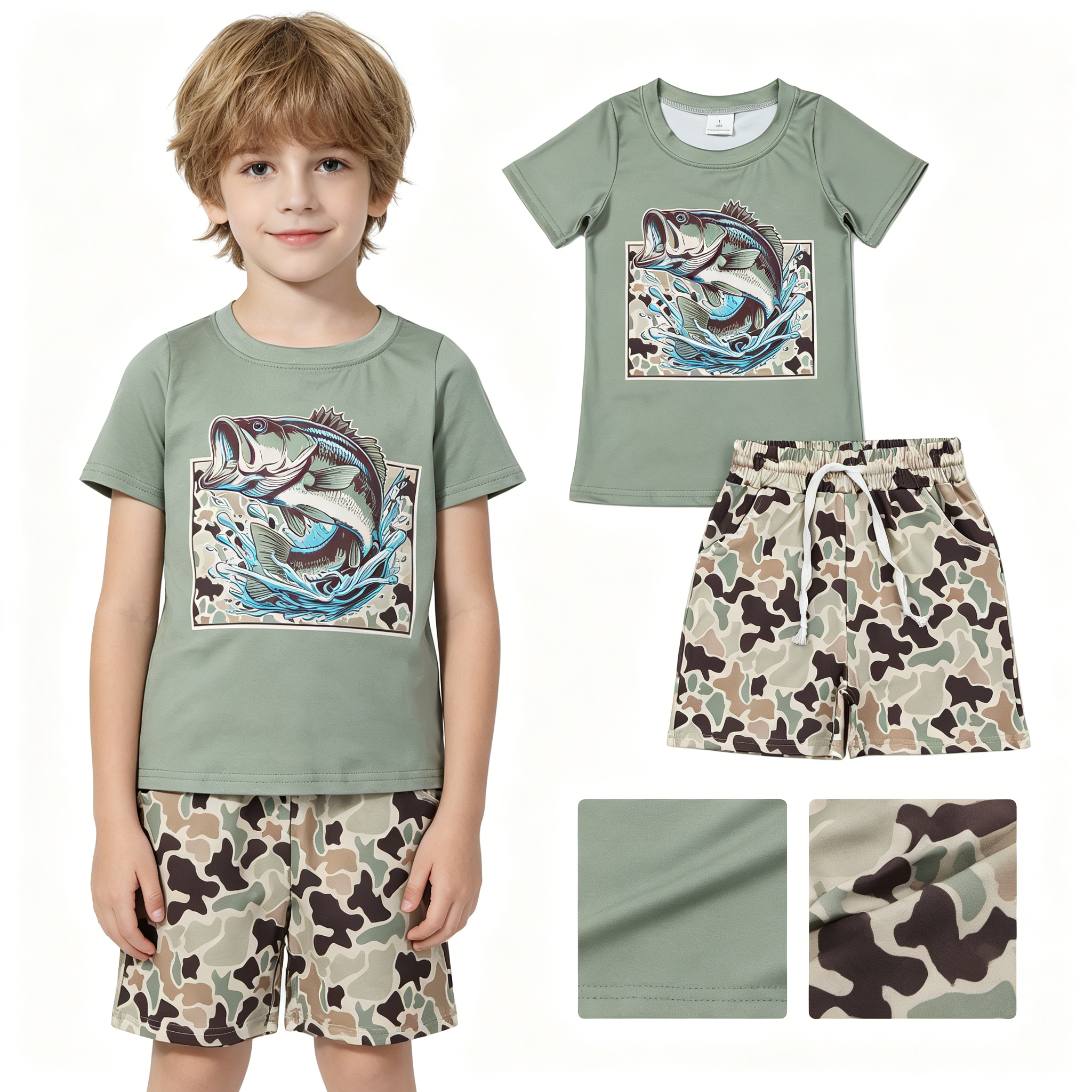 BSSO1835 RTS kids clothes fish camo boy summer outfit  clothing set summer shorts set