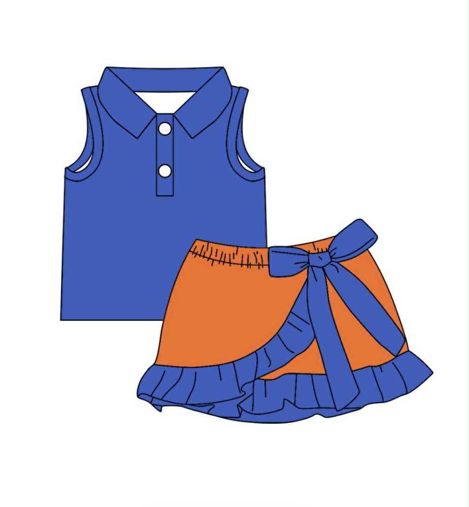 custom order MOQ:5pcs each design kids girl clothes blue orange summer sports outfit 