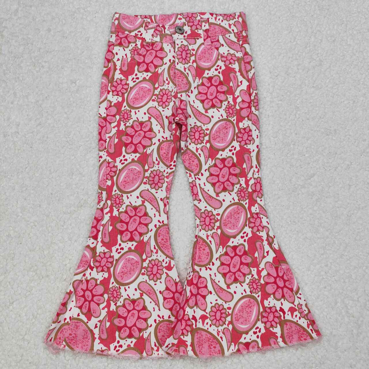 P0735 RTS girl clothes pink turquoise girl bell bottoms pant jeans western
