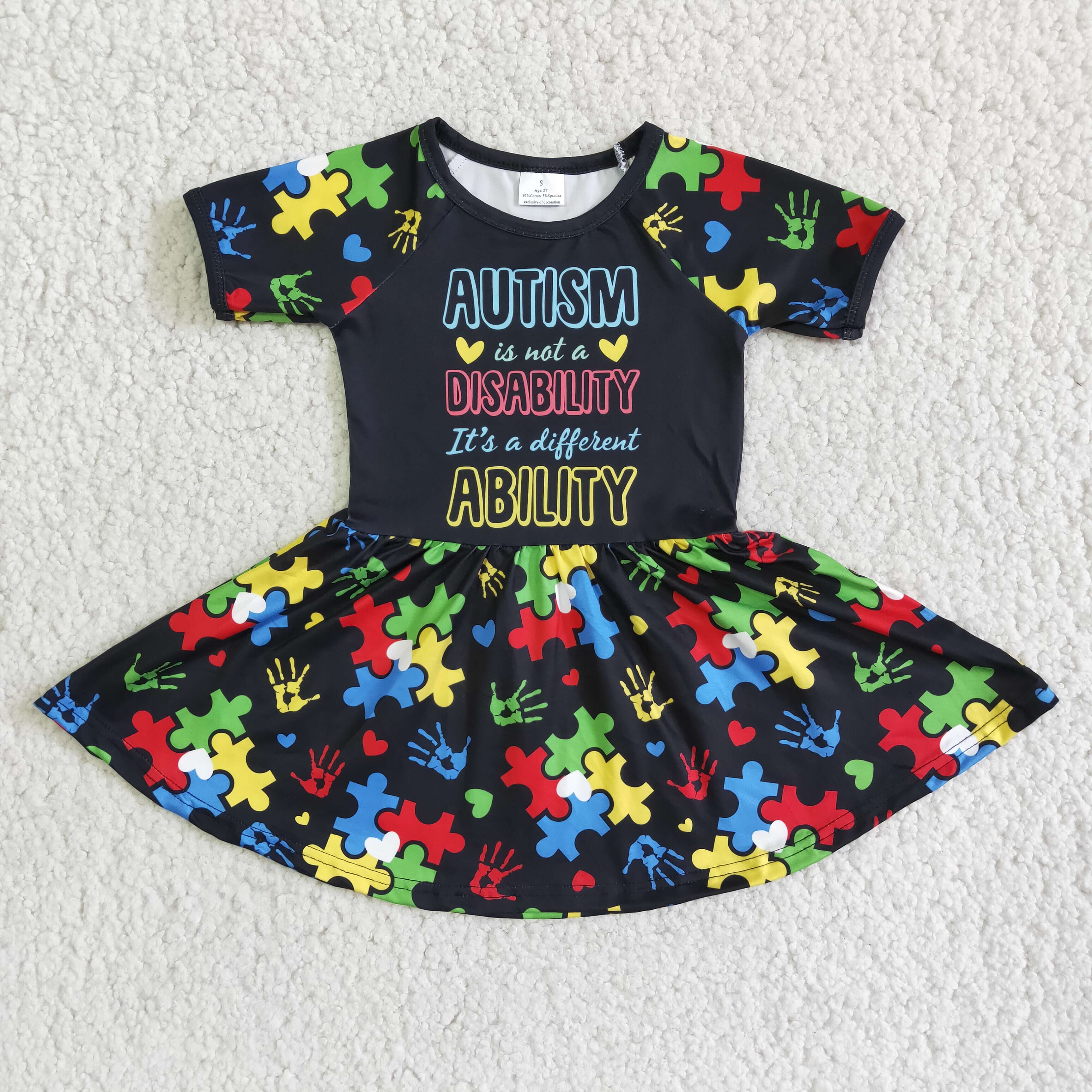 D3-11- girl short sleeve black autism puzzle dress-promotion 2025.5.22 $1.99 deadline:18th June.