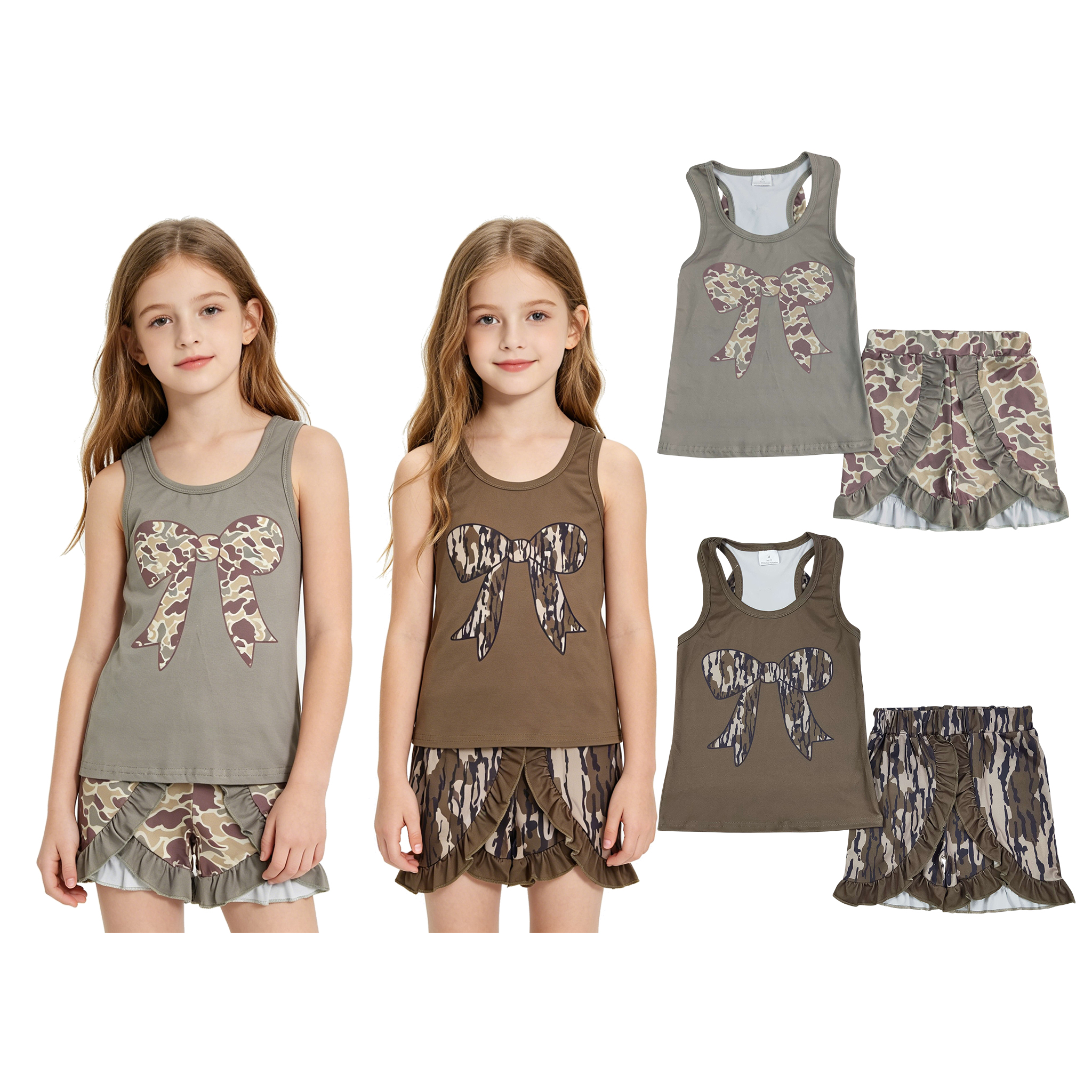 RTS baby clothes girl summer set  camo bows baby summer shorts set