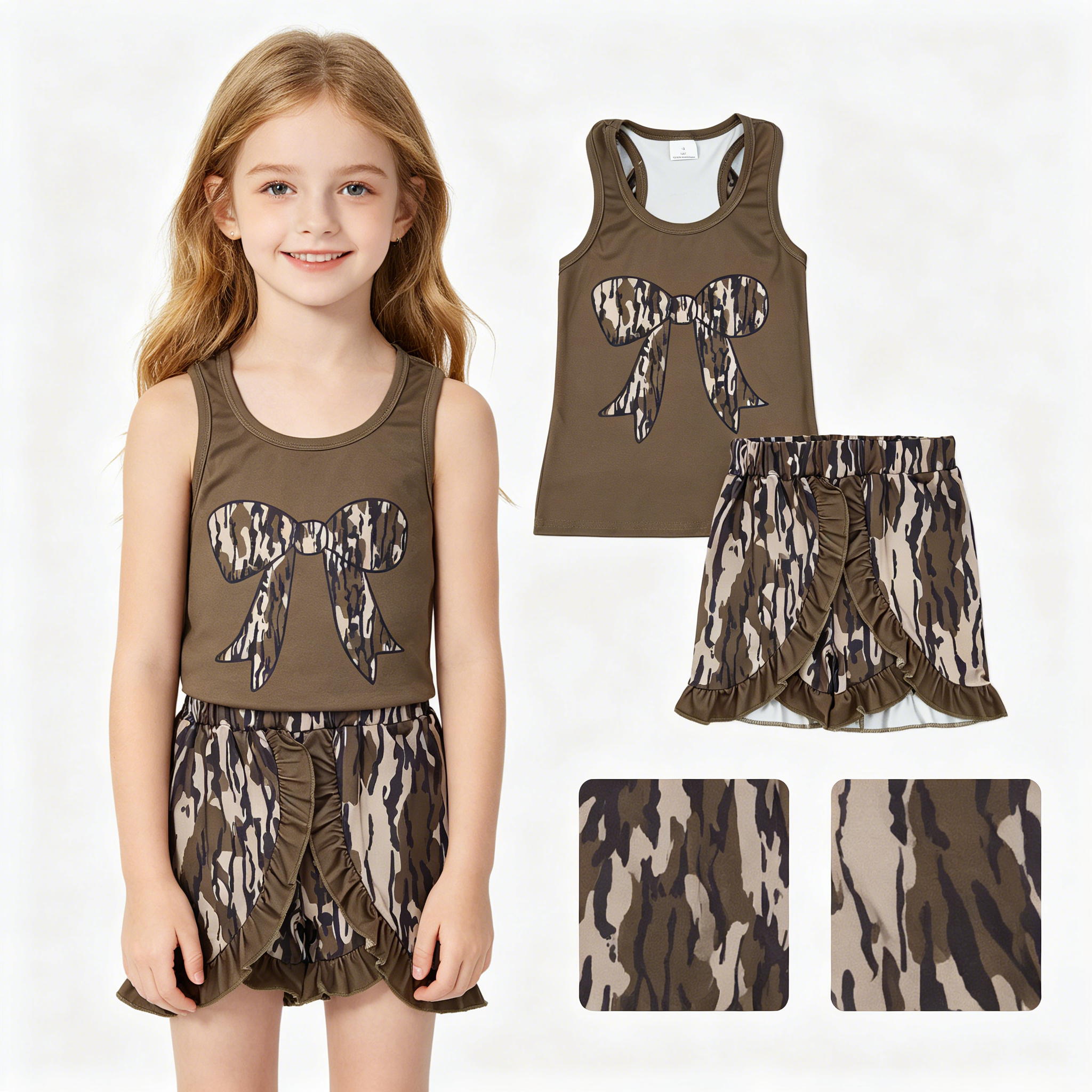 RTS baby clothes girl summer set  camo bows baby summer shorts set