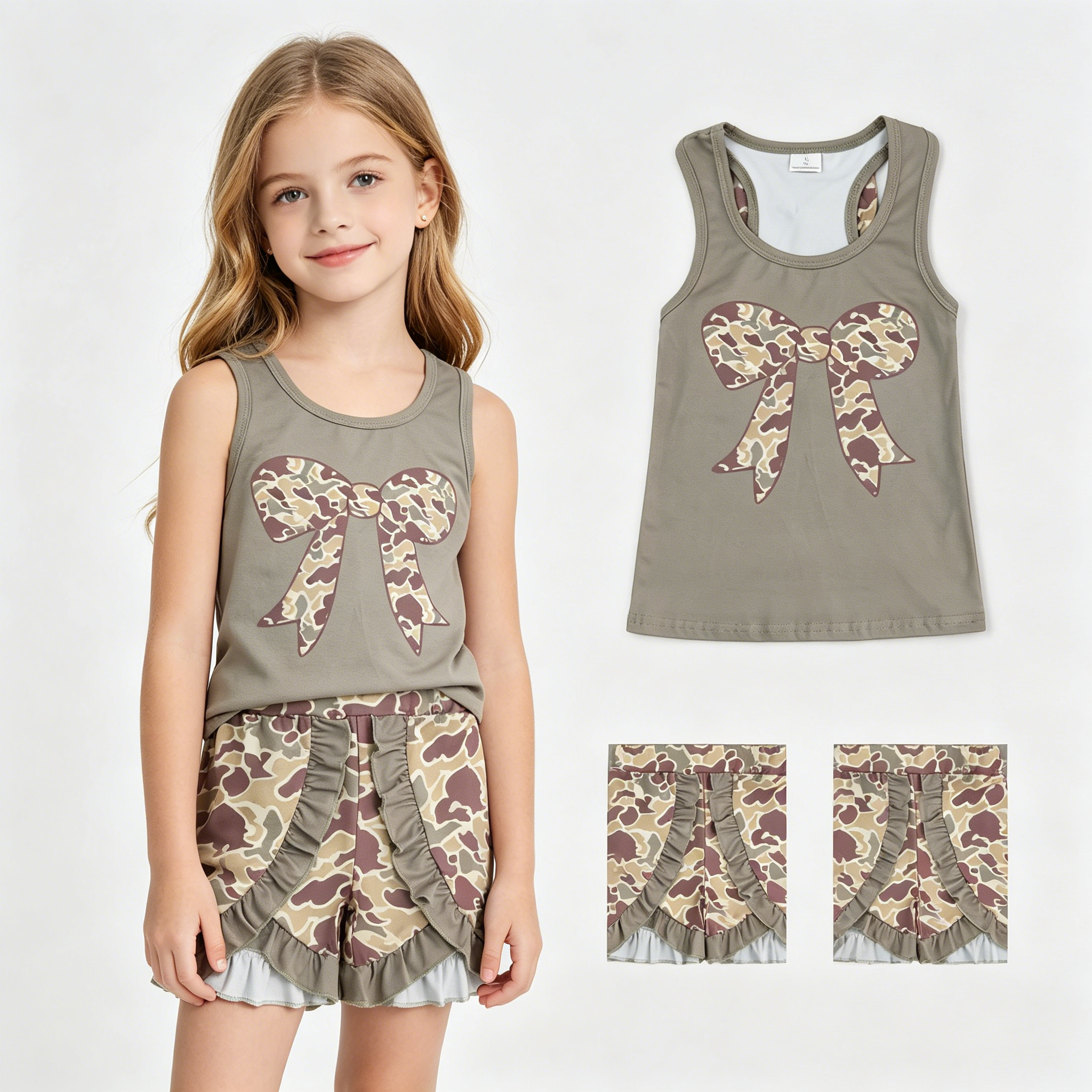 RTS baby clothes girl summer set  camo bows baby summer shorts set