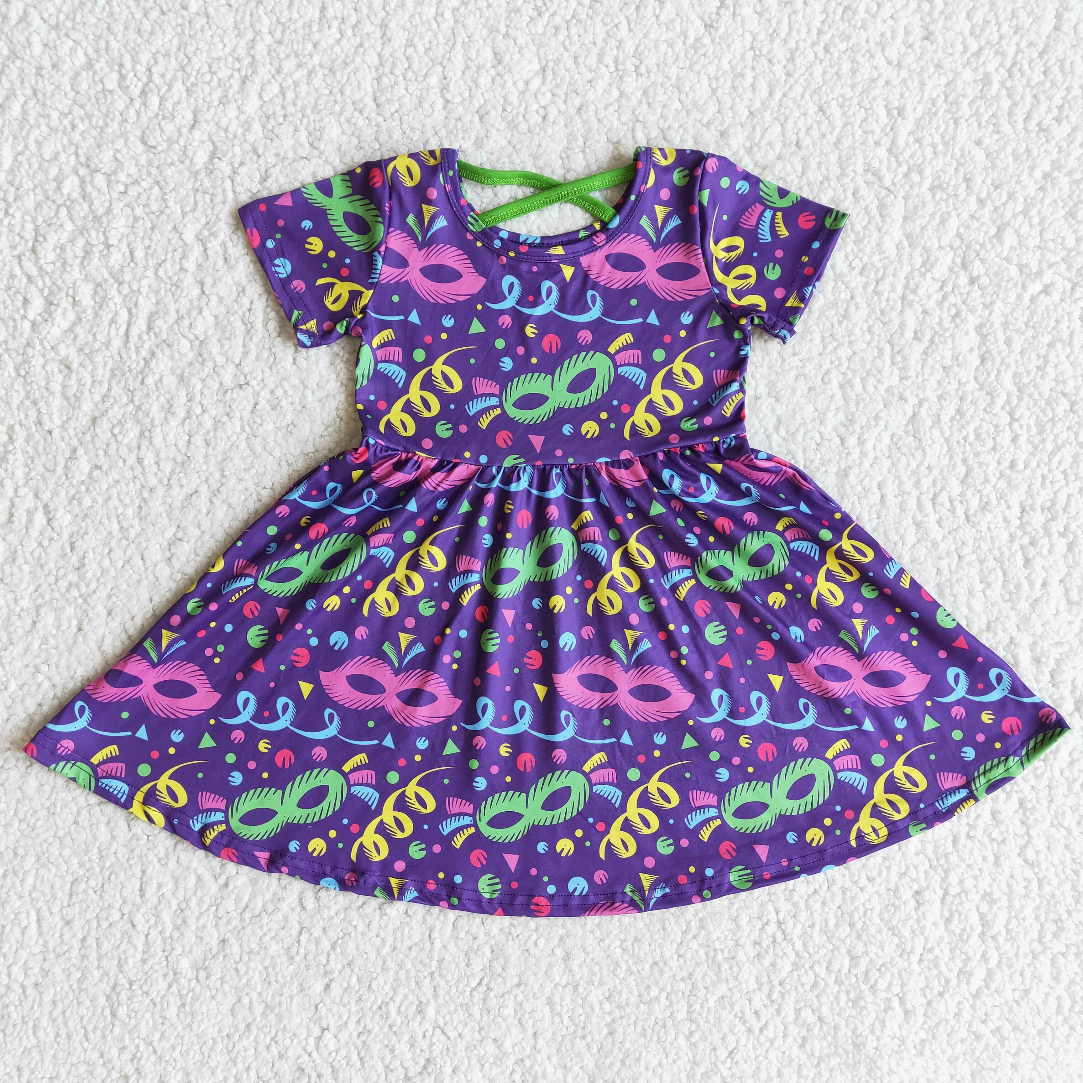E10-3 kids clothes girls purple short sleeve Mardi Gras twirl dress-promotion 2025.12.27 $5.5