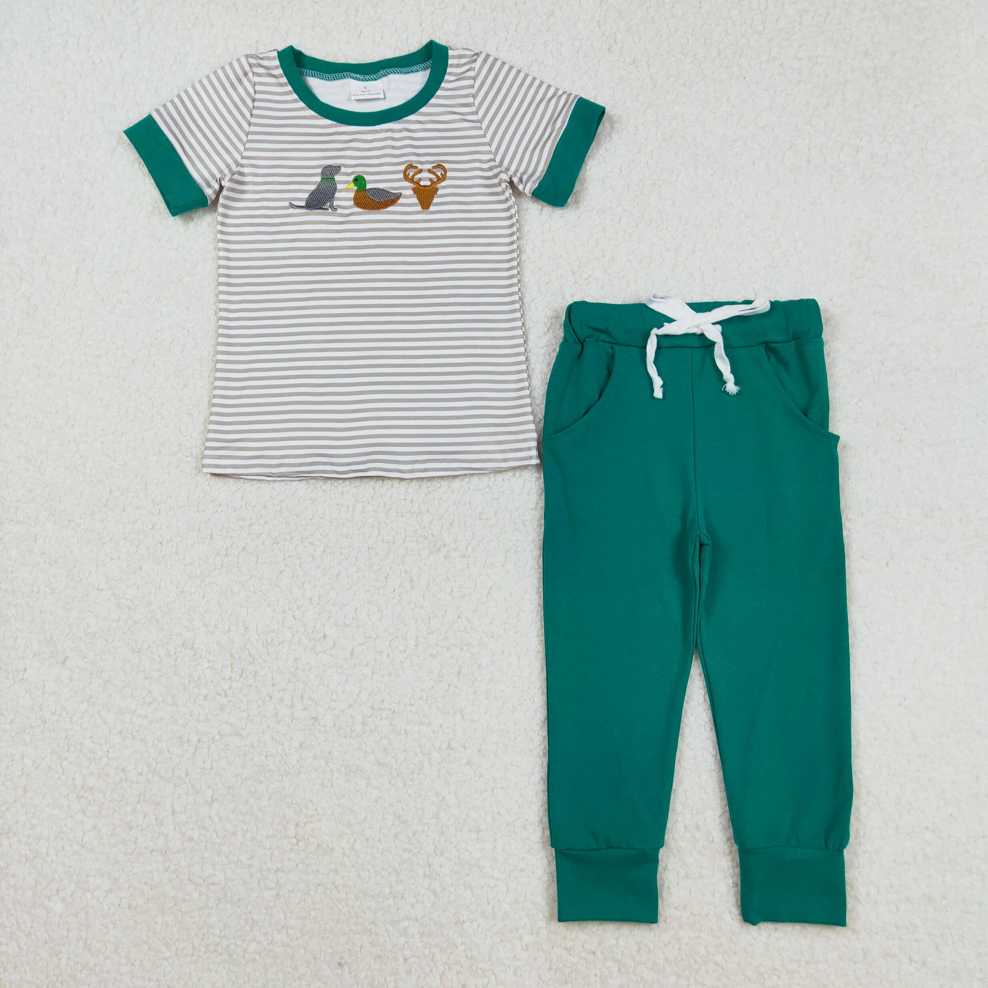 BSPO0154 RTS boy deer mallard outfit fall spring pants set-embroidery 