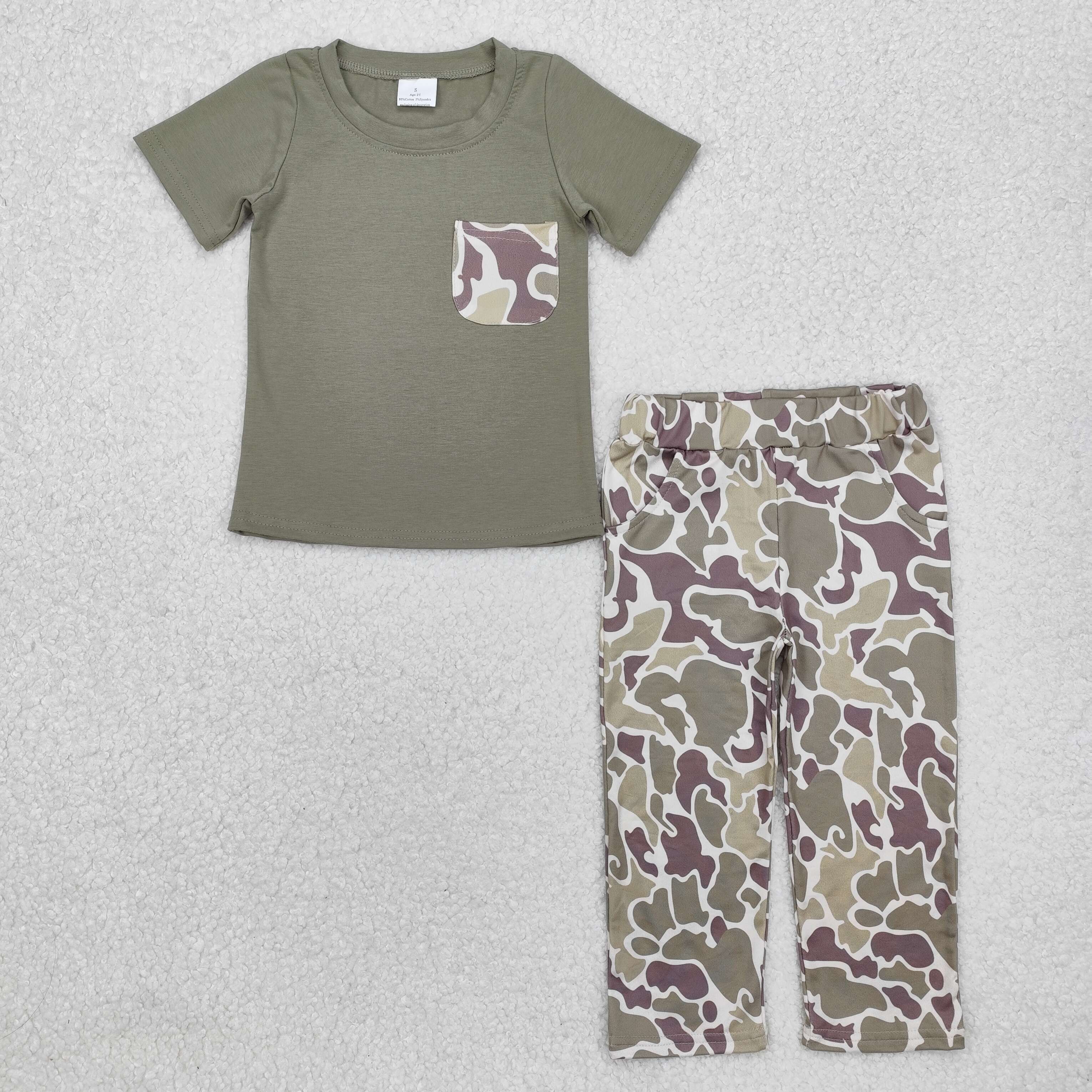 BSPO0521 RTS  toddler boy clothes green camo boy faAll set pocket pants set