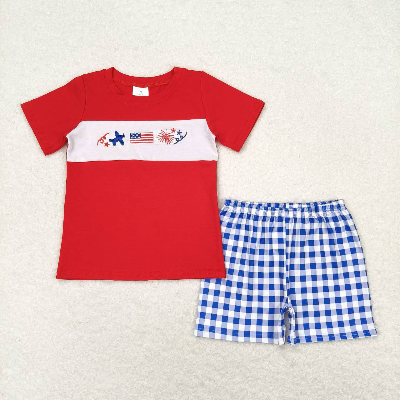 BSSO0584 RTS 3-6M to 7-8T baby boy clothes embroidery airplane 4th of July patriotic boy summer outfit