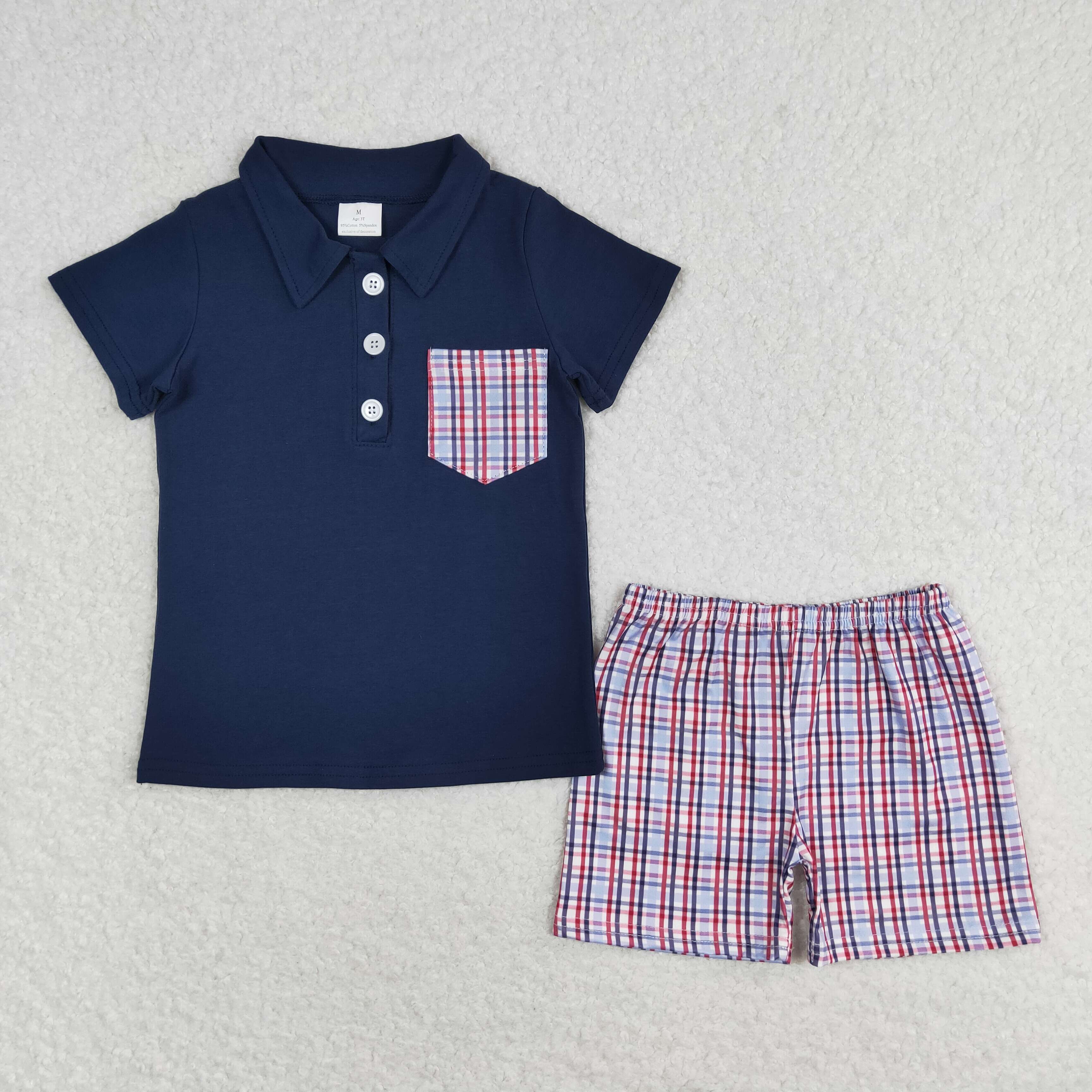 BSSO0628 3-6M to 7-8T RTS baby boy clothes striped plaid toddler boy summer outfit 4th of July clothes