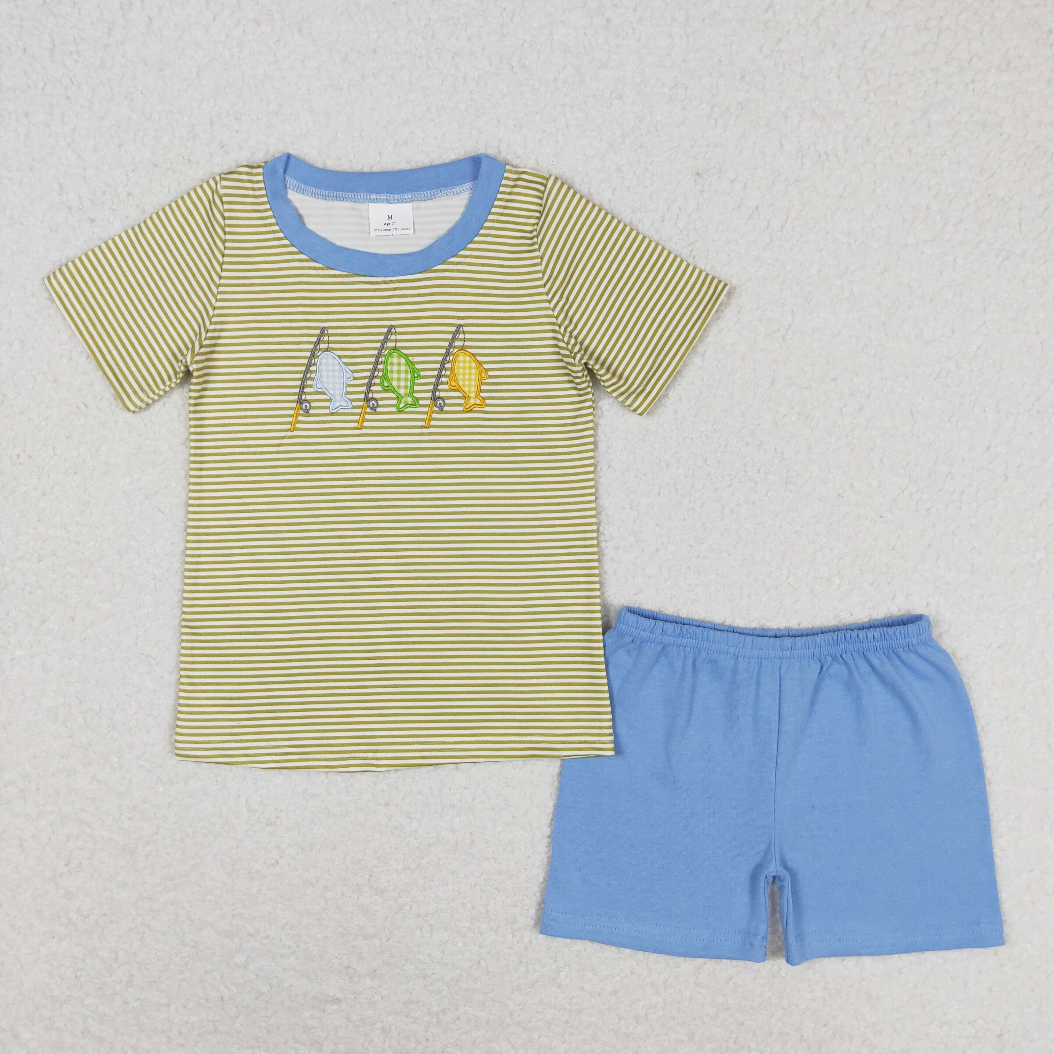 BSSO0732 RTS baby boy clothes fishing embroidery fish boy summer outfit embroidered