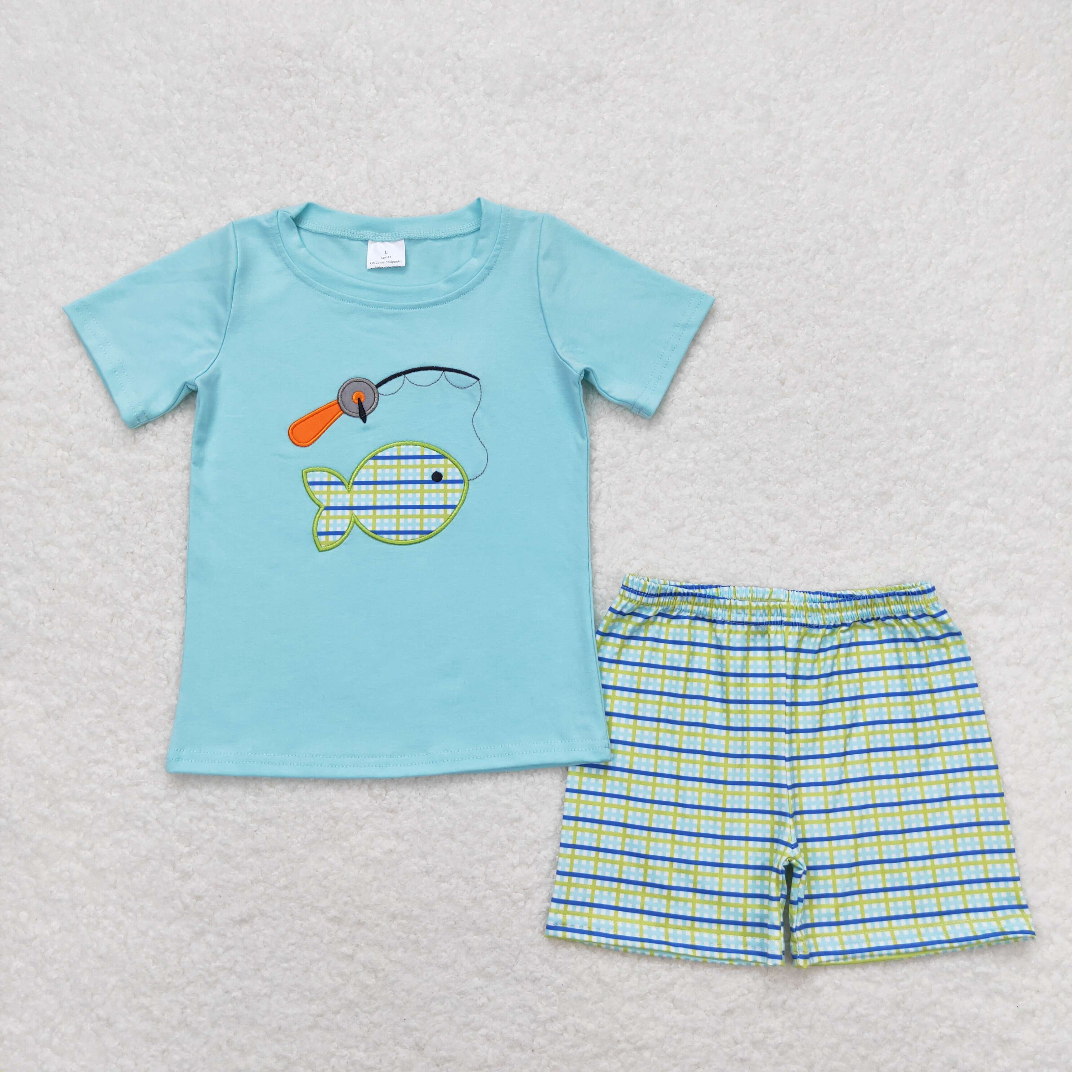 BSSO0798 RTS baby boy clothes embroidery fishing toddler boy summer outfit