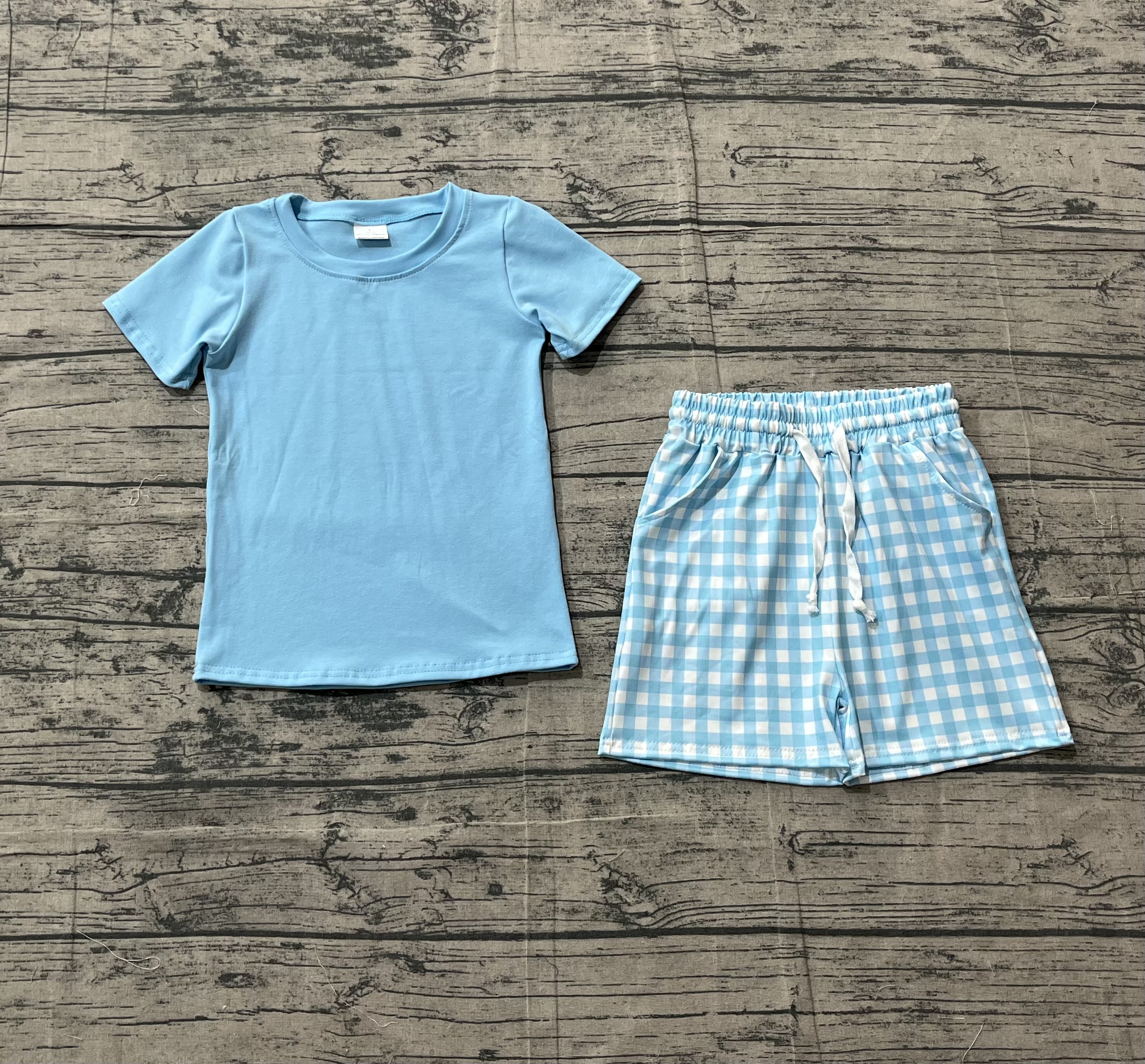 BSSO1883 pre-order kids clothes  blue gingham print boy summer outfit  clothing set-real pic 2026.1.24 