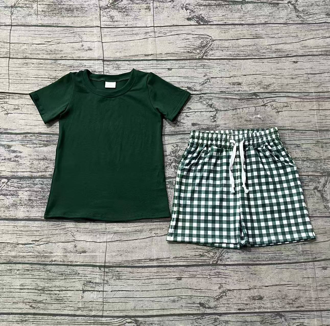 BSSO1885 pre-order kids clothes green gingham print boy summer outfit  clothing set-real pic 2026.1.25 