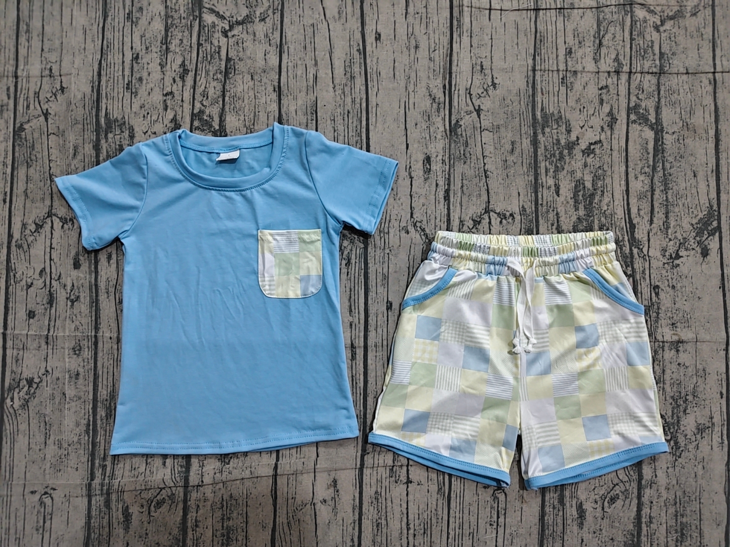 BSSO1950 pre-order kids clothes blue gingham print boys summer outfit-real pic 2026.4.9 