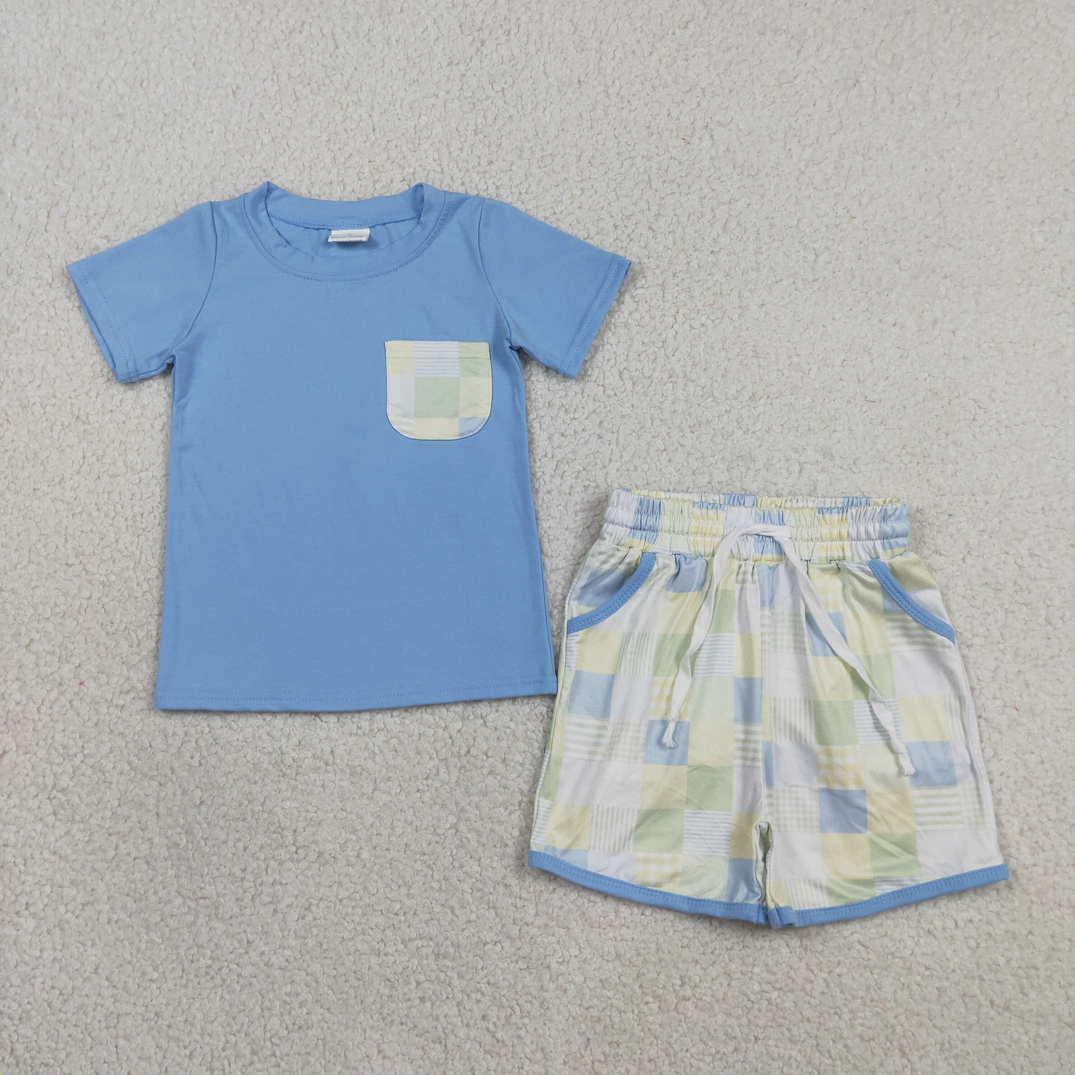BSSO1950 RTS kids clothes blue gingham print boys summer outfit summer shorts set