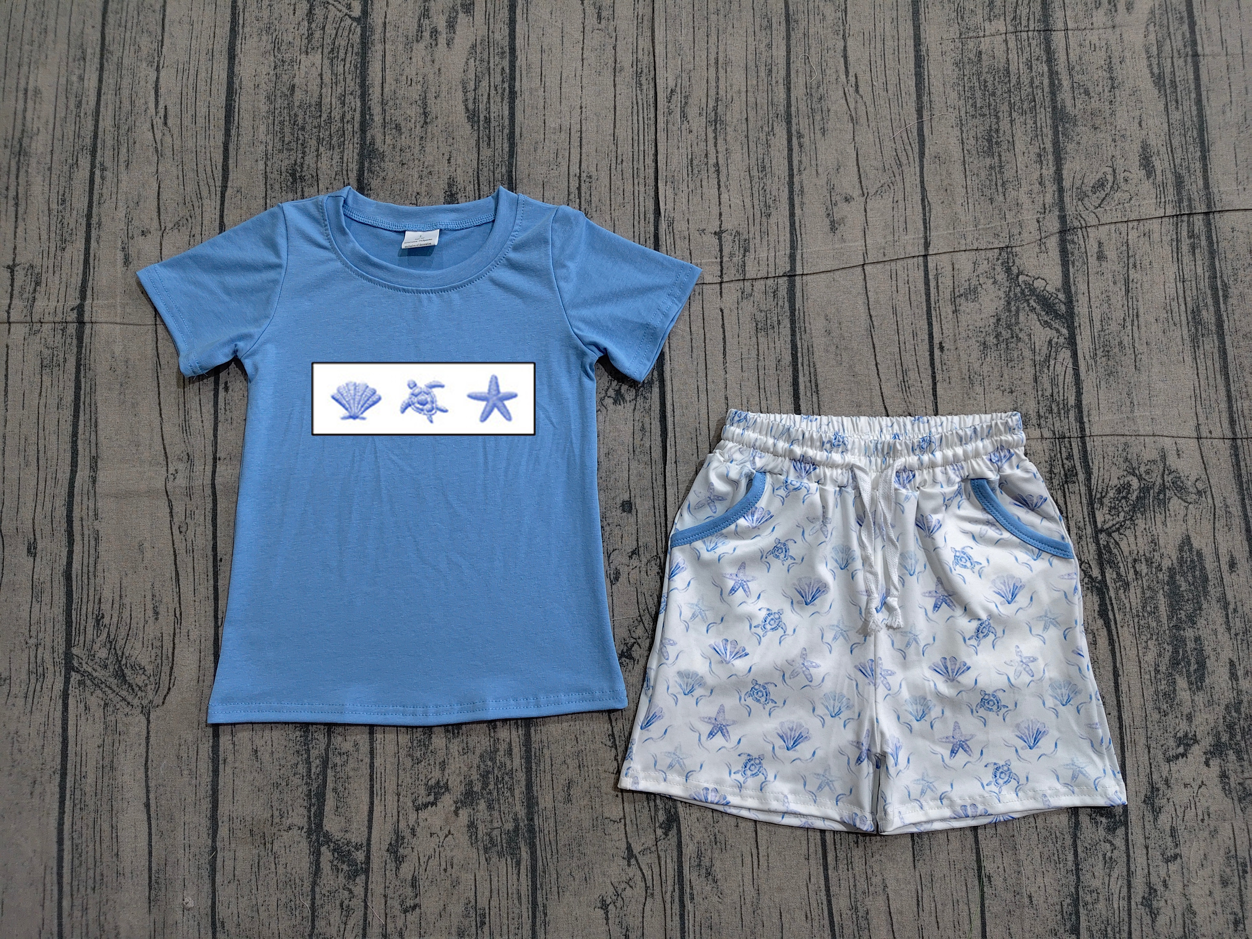 BSSO1979 pre-order kids clothes sea turtle print boys summer embroidery outfit-real pic 2026.3.21 