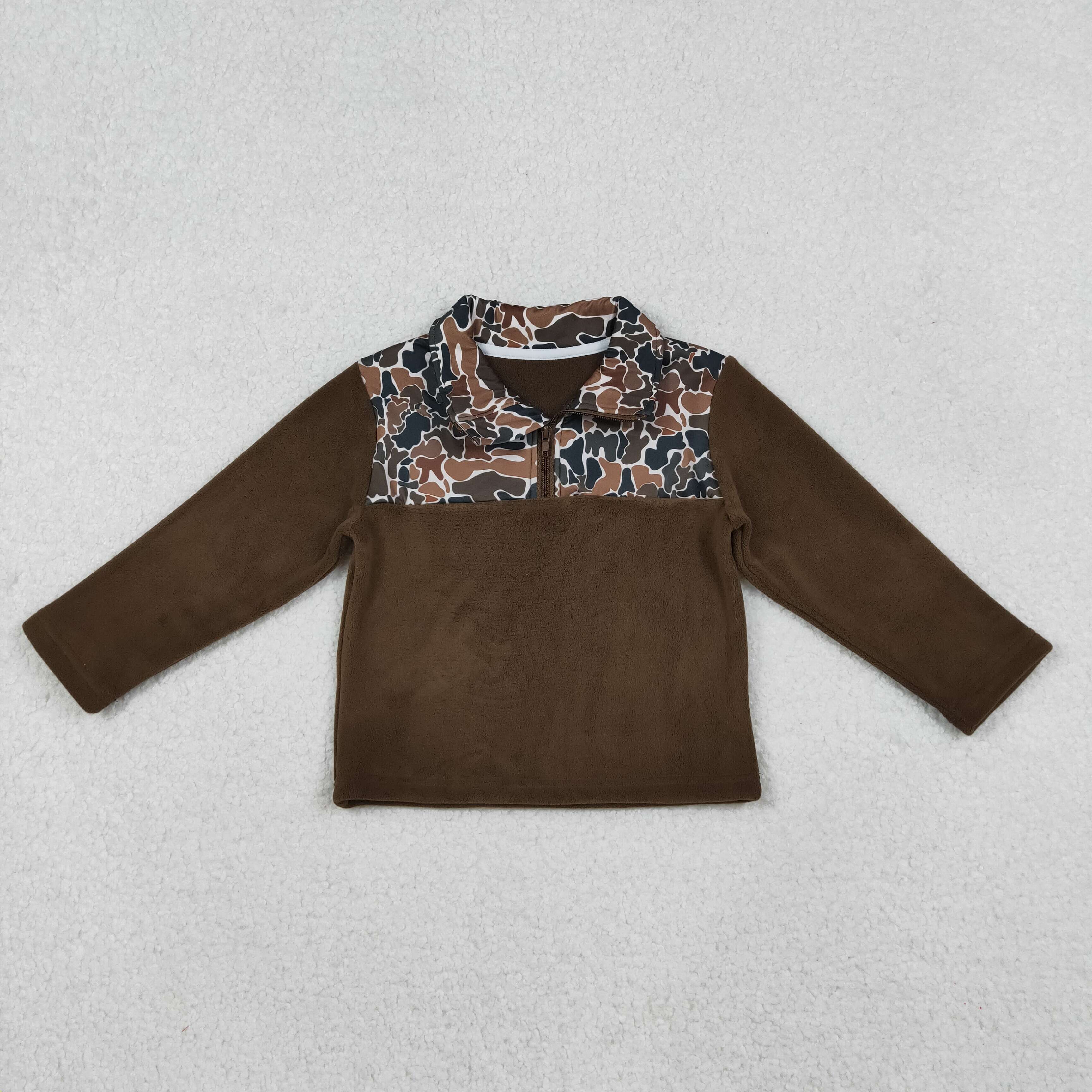 BT1309 RTS boy clothes velvet brown camo boys winter top