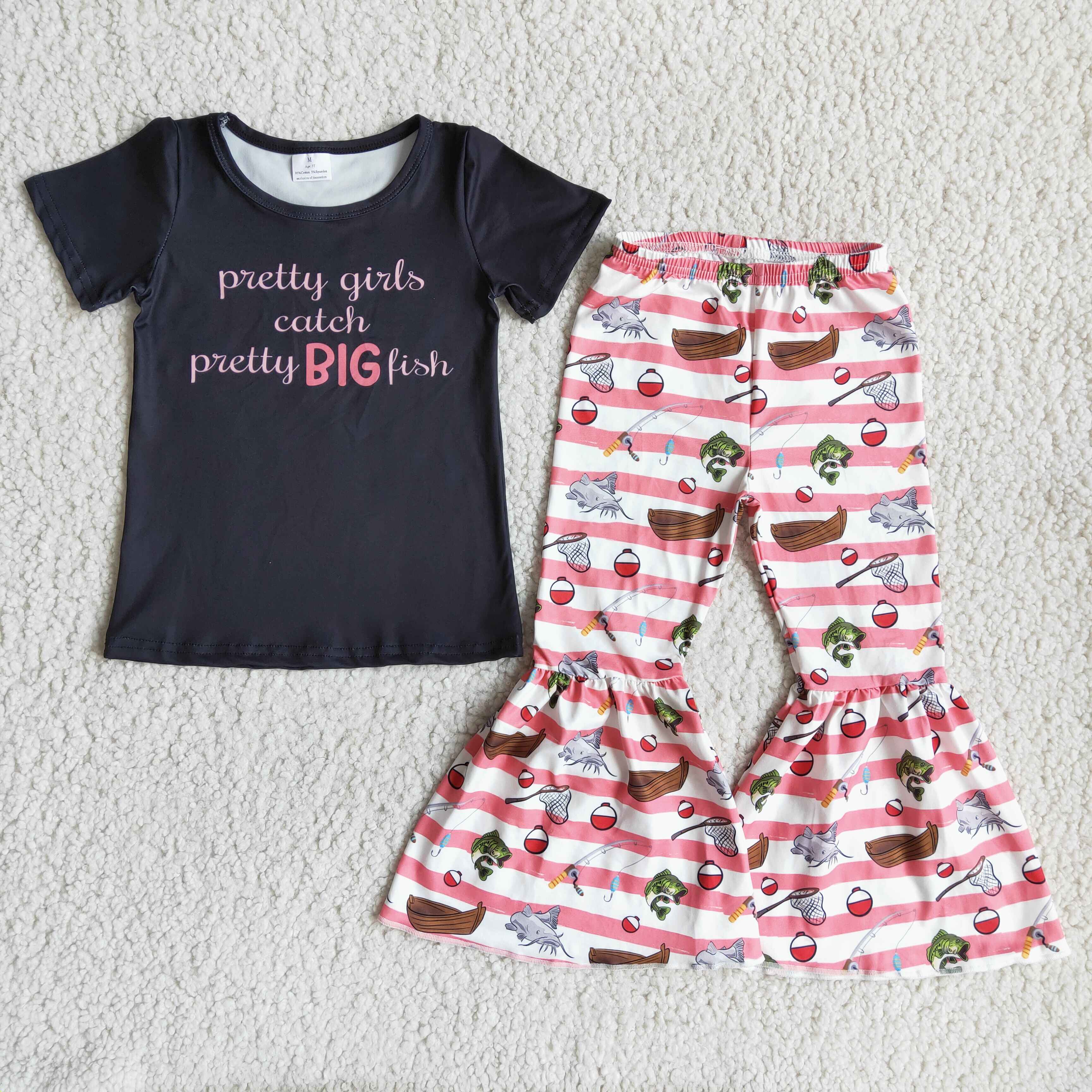 D11-5 girl clothes pretty girls catch catch pretty big fish spring fall set--promotion 2025.4.12 $2.99