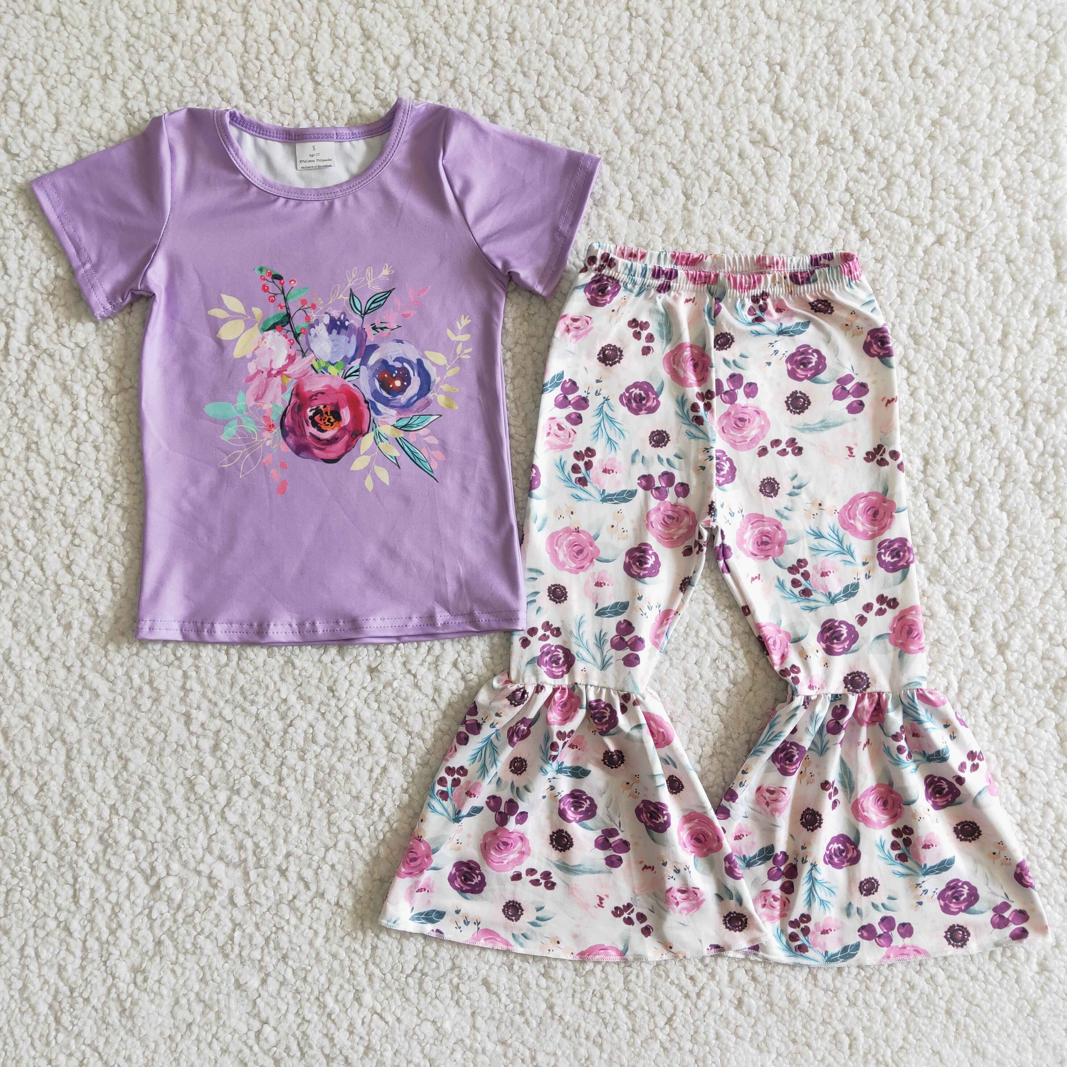 E7-3 girl purple flower short sleeve spring fall set--promotion 2025.4.19 $2.99