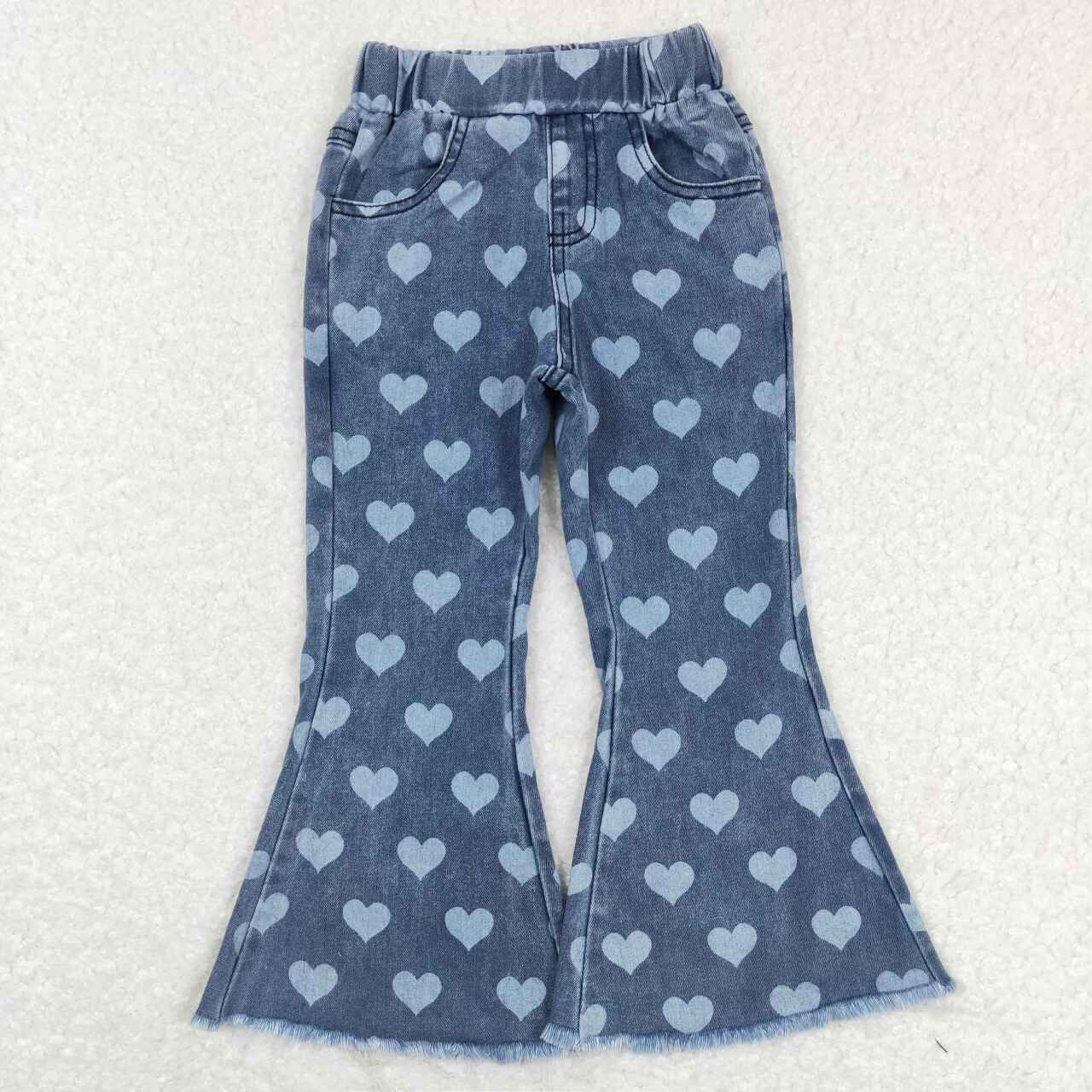 P0333 RTS baby girl clothes heart toddler girl bell bottom jeans heart blue kids valentines day clothes