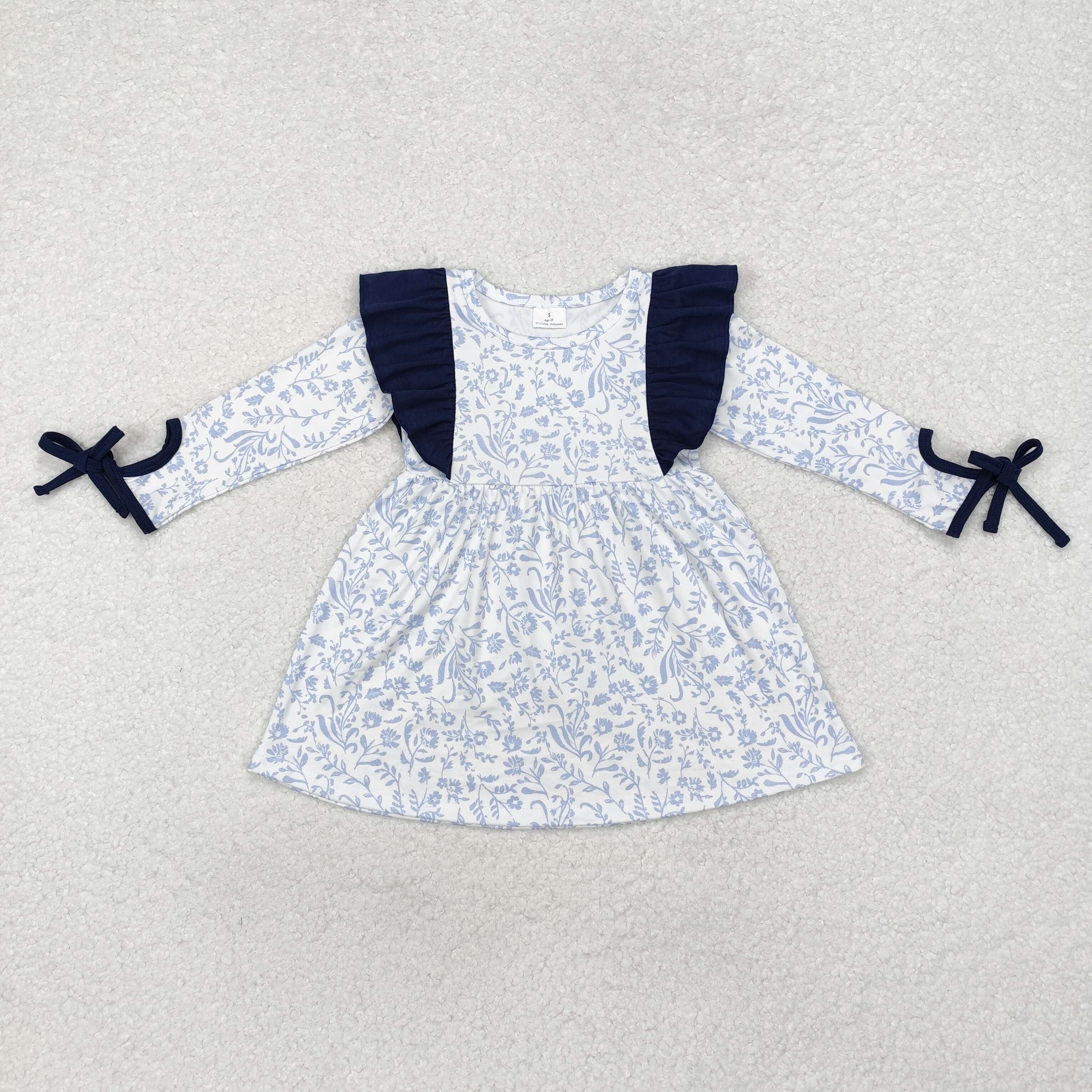 GLD0836 RTS  toddler girl clothes blue floral girl winter dress