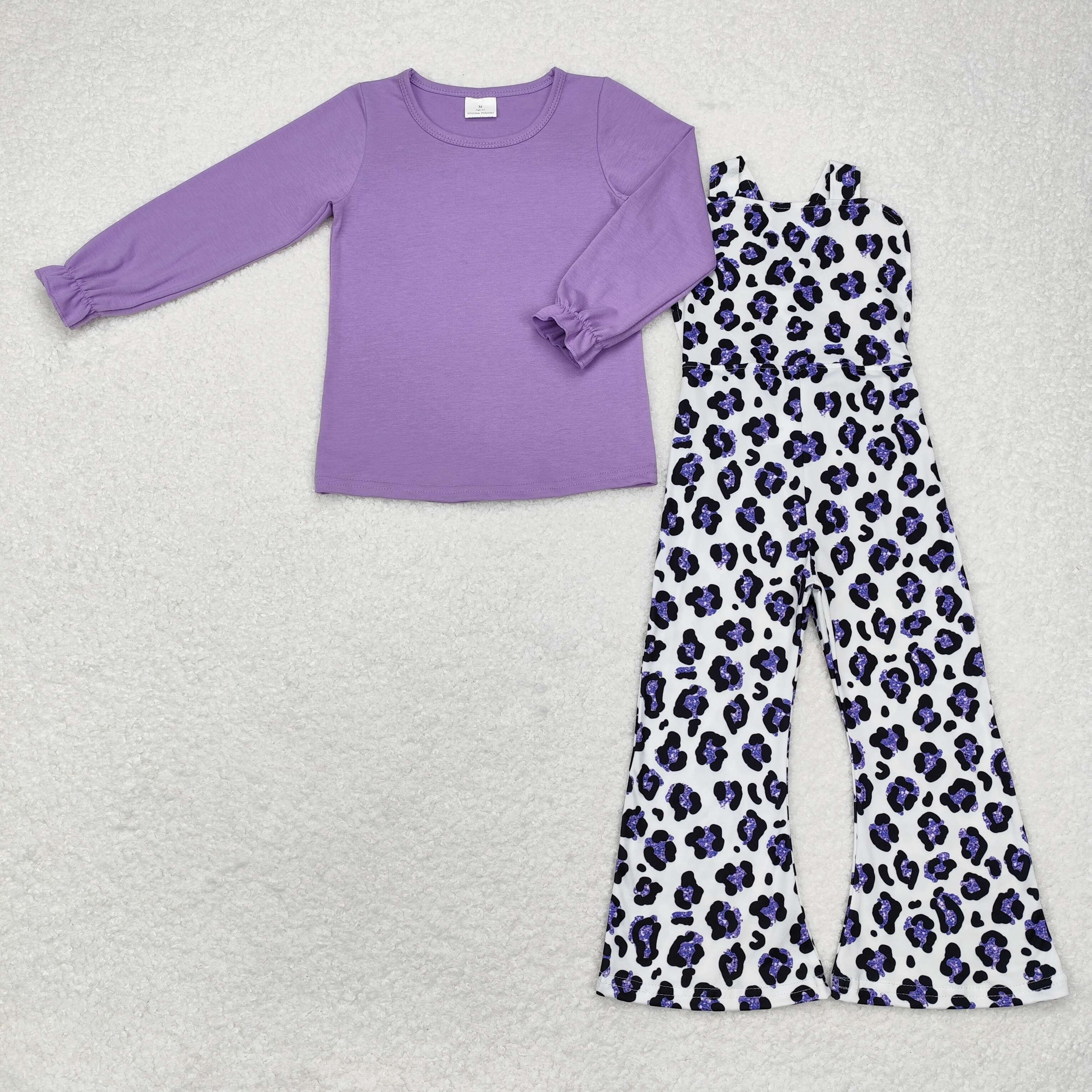GLP1373 RTS toddler girl clothes purple leopard print girl winter set jumpsuit+shirt