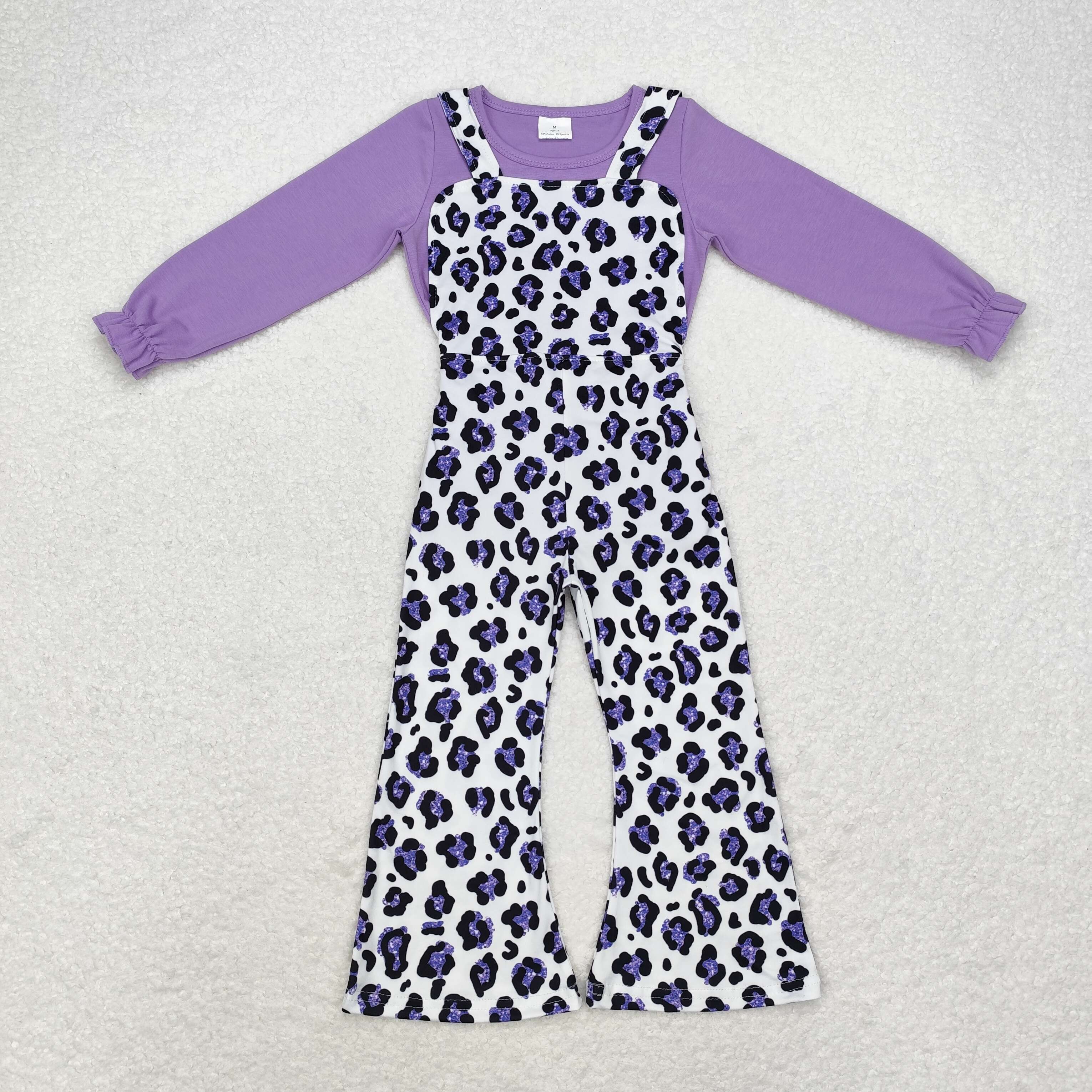 GLP1373 RTS toddler girl clothes purple leopard print girl winter set jumpsuit+shirt