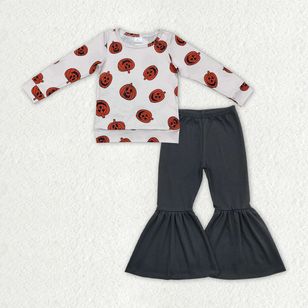 GLP1841 RTS toddler girl clothes pumpkin girl halloween bell bottom pant set