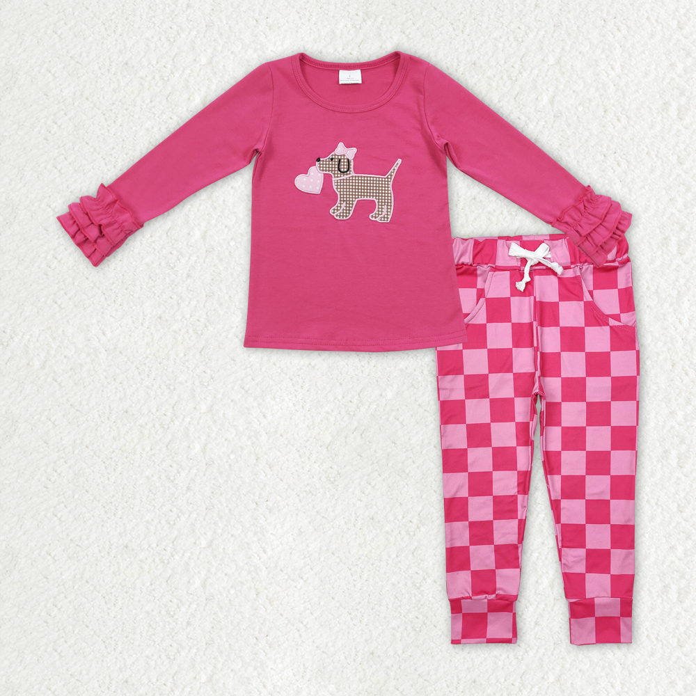 GLP2315 RTS  toddler girl clothes embroidery dog girl Valentine's Day pajamas set