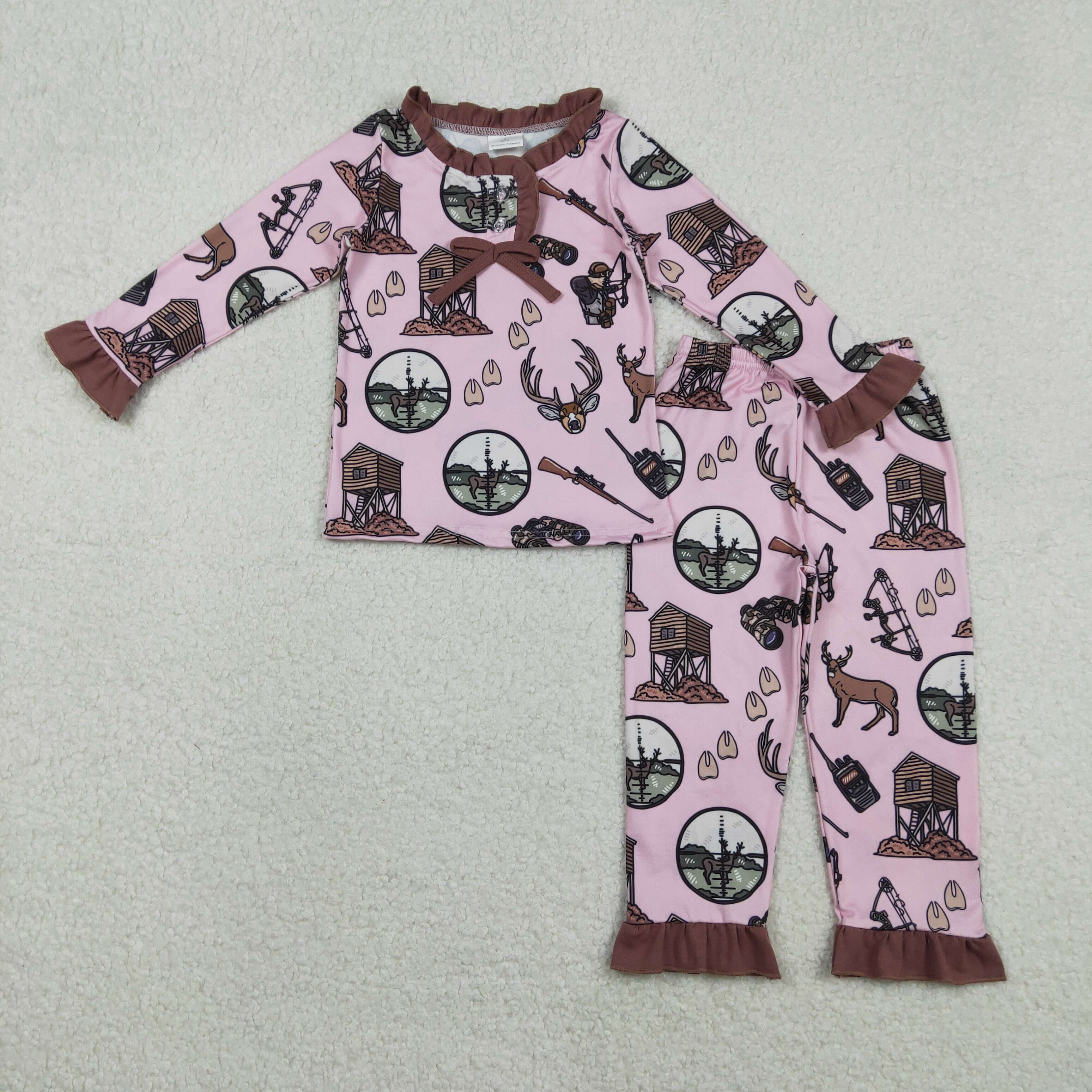 GLP2741 RTS toddler girl clothes pink ruffels hunting girl winter pajamas set