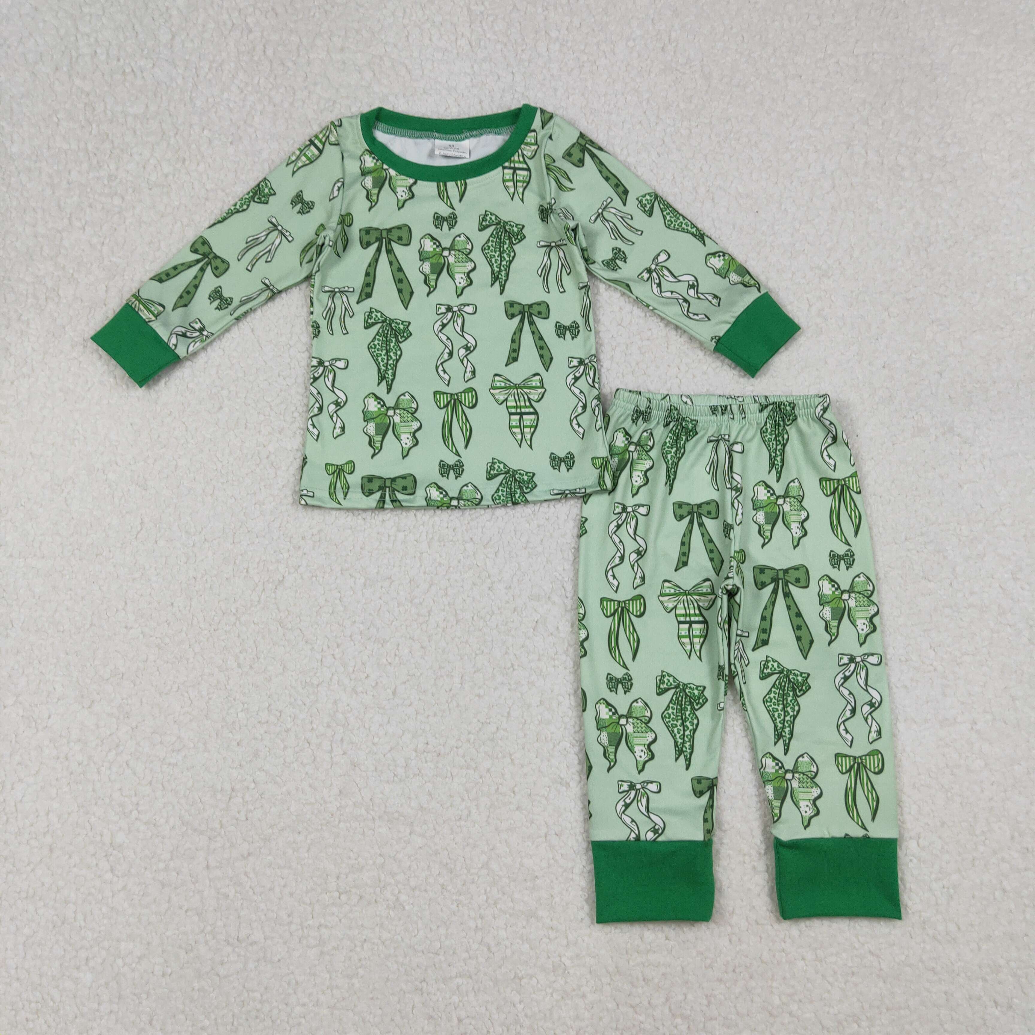 GLP2840 RTS girl clothes green bows girl christmas winter set pajamas set