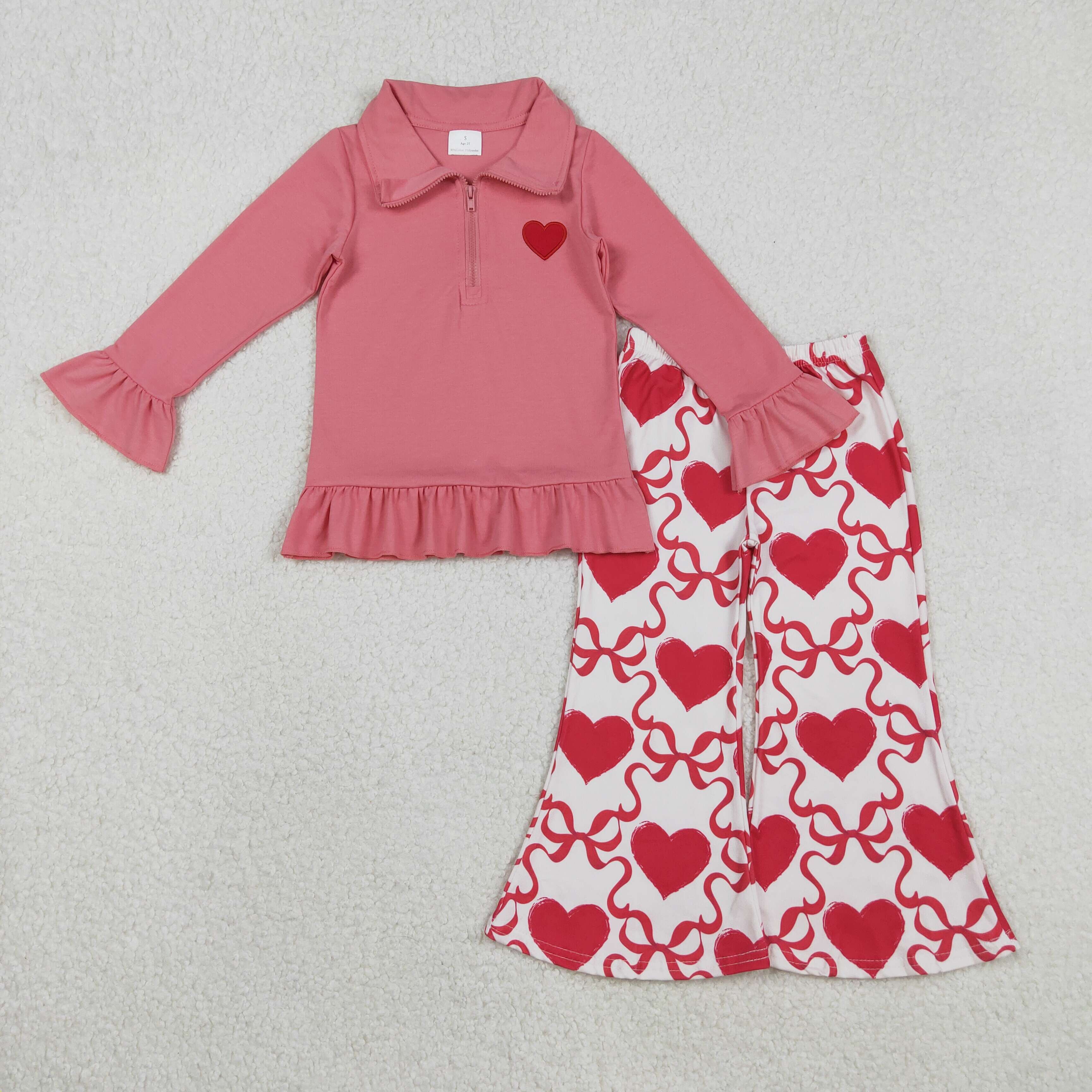 GLP2935 RTS toddler girl clothes love heart embroidery girl bell bottom pant set  valentines day clothes