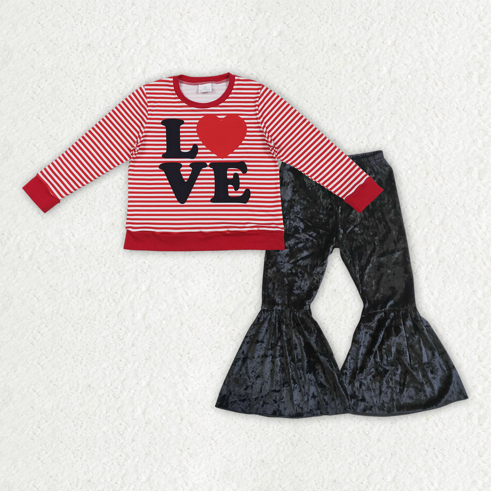 GLP3082 toddler girl clothes love girl valentine velvet bell bottom pant set