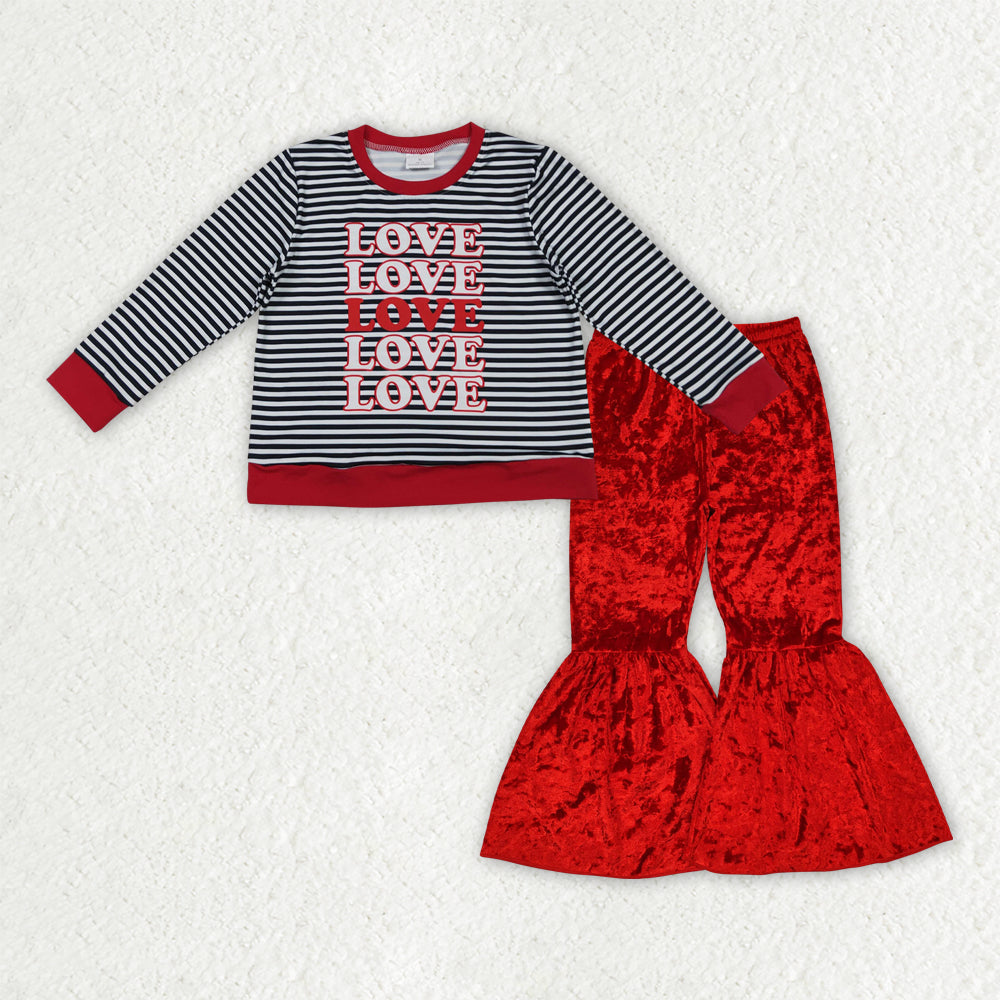 GLP3083 toddler girl clothes love girl valentine velvet bell bottom pant set