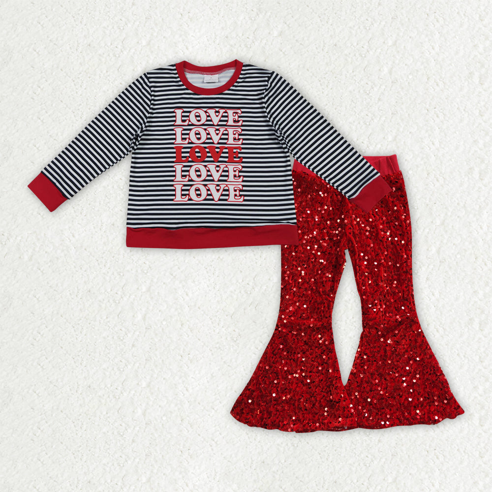GLP3084 toddler girl clothes love girl valentine sequins bell bottom pant set