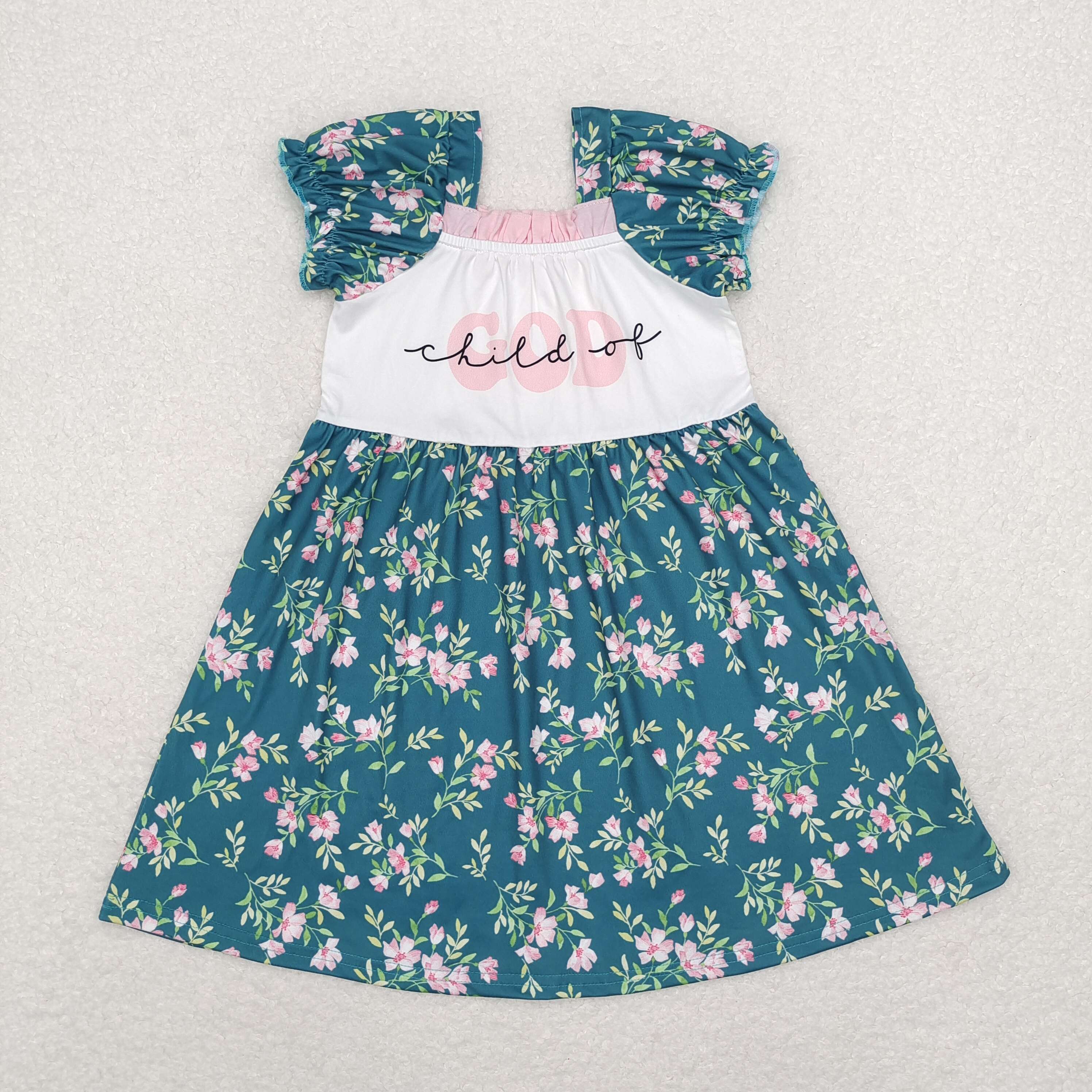 GSD1388 RTS toddler girl clothes green floral god girl summer dress 