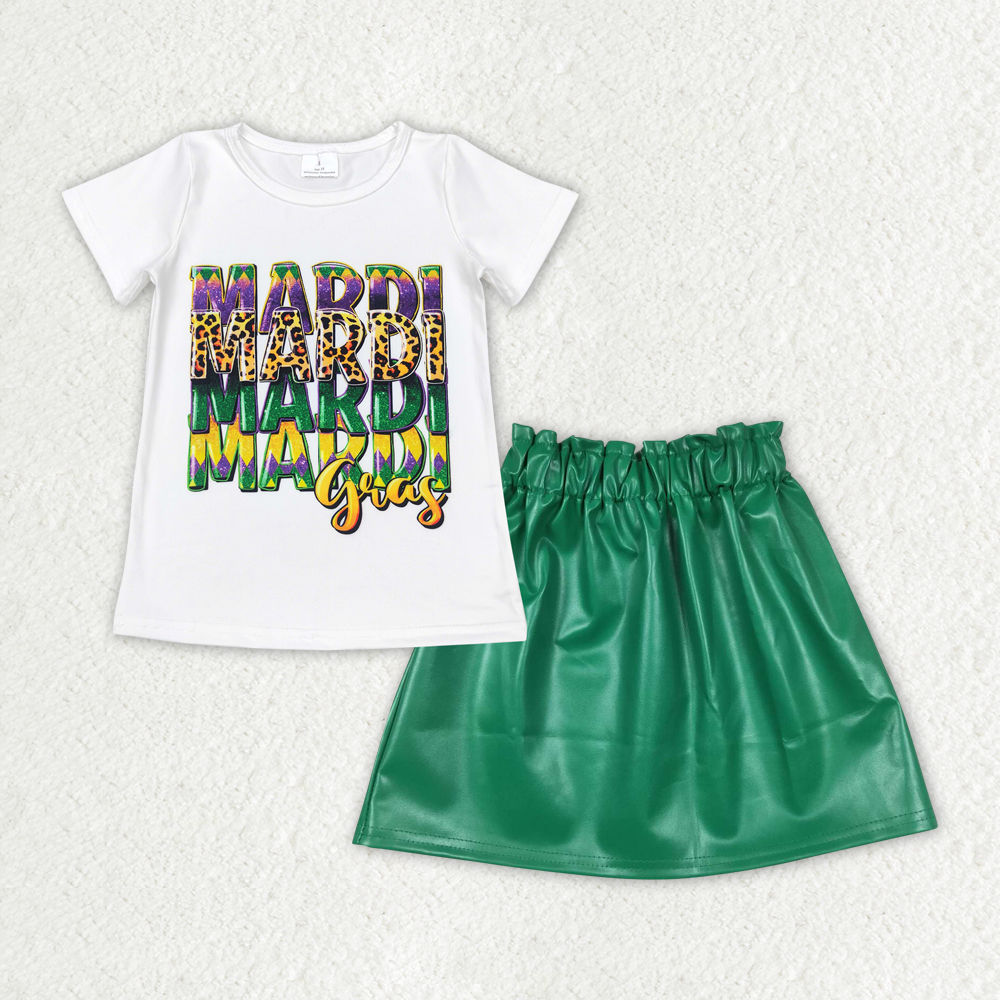 GSD1712 RTS baby girl clothes mardi gras girl summer leather skirt set