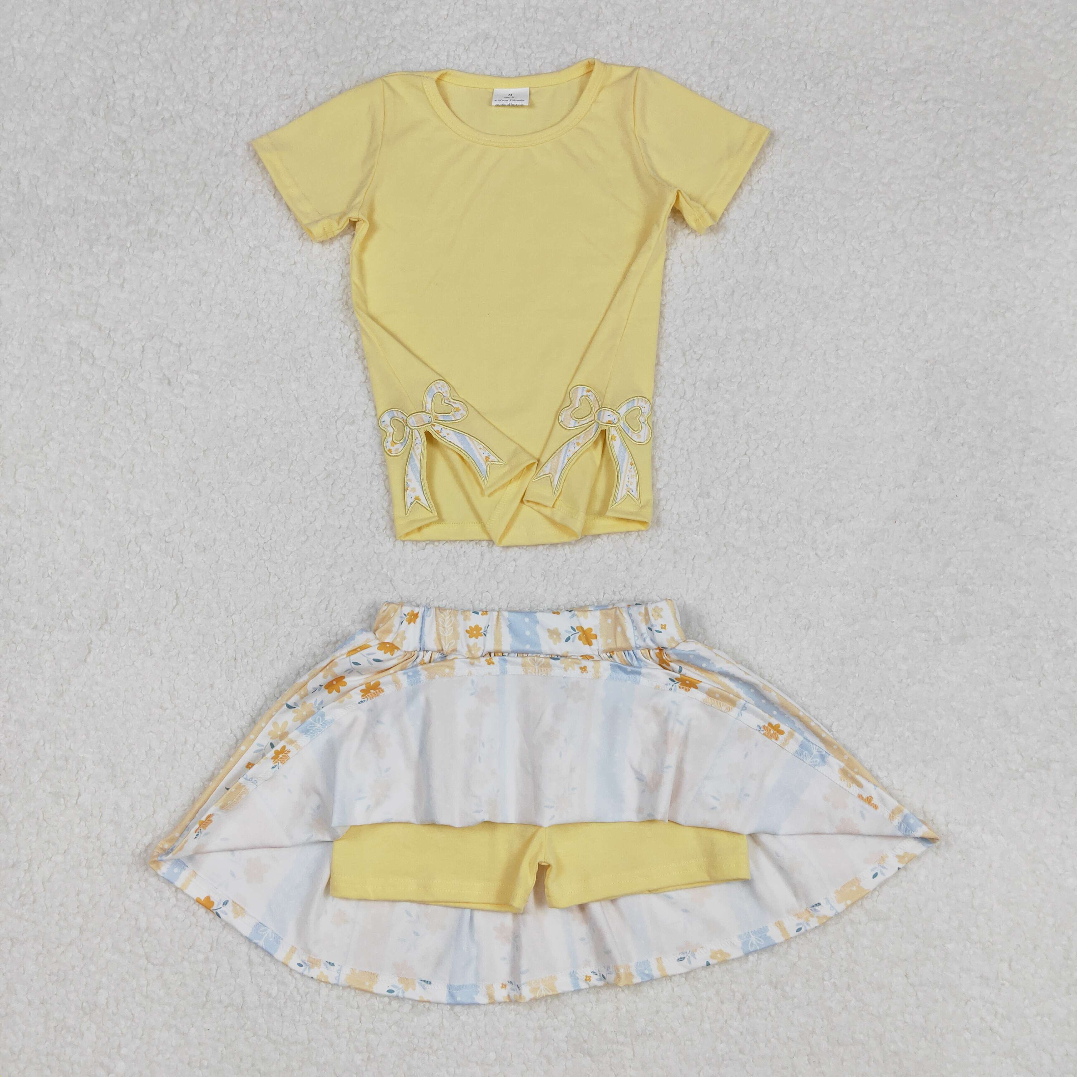 GSD1716 RTS  girl clothes yellow floral bow embroidery girl summer outfit skirt set