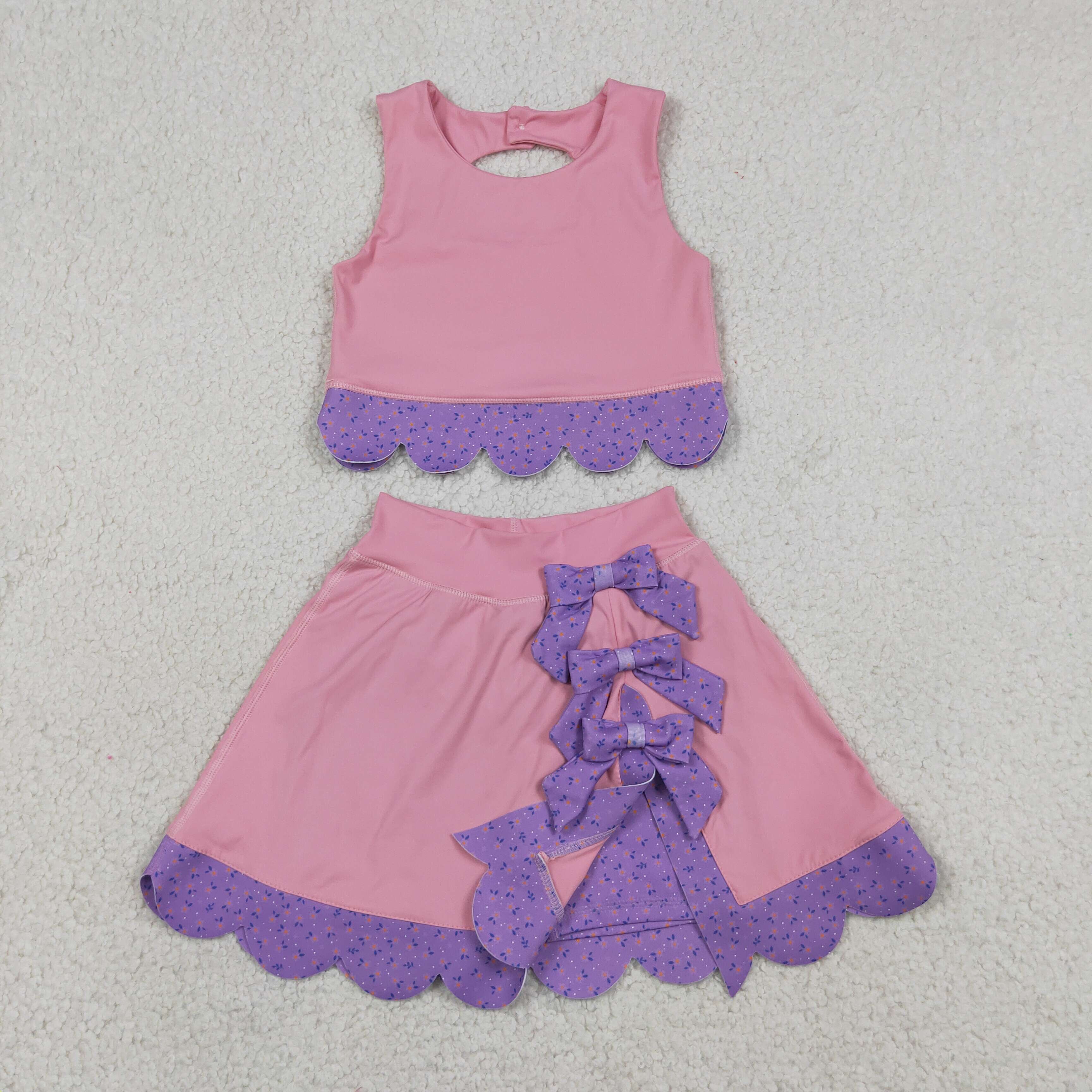 GSD3319 RTS toddler girl clothes pink bows girl yoga summer skirt set sports clothing outfit