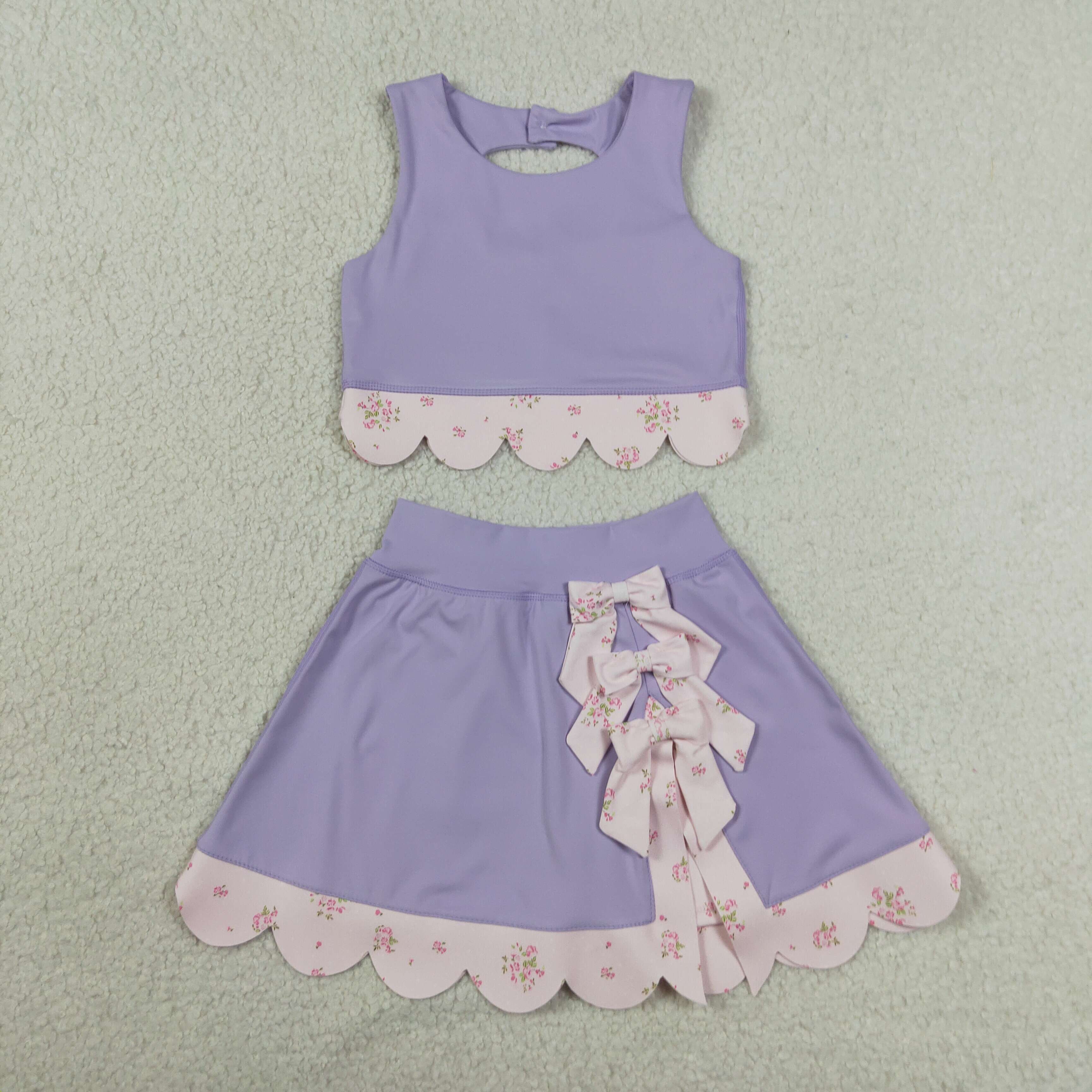 GSD3323 RTS toddler girl clothes purple  girl yoga summer skirt set sports clothing set