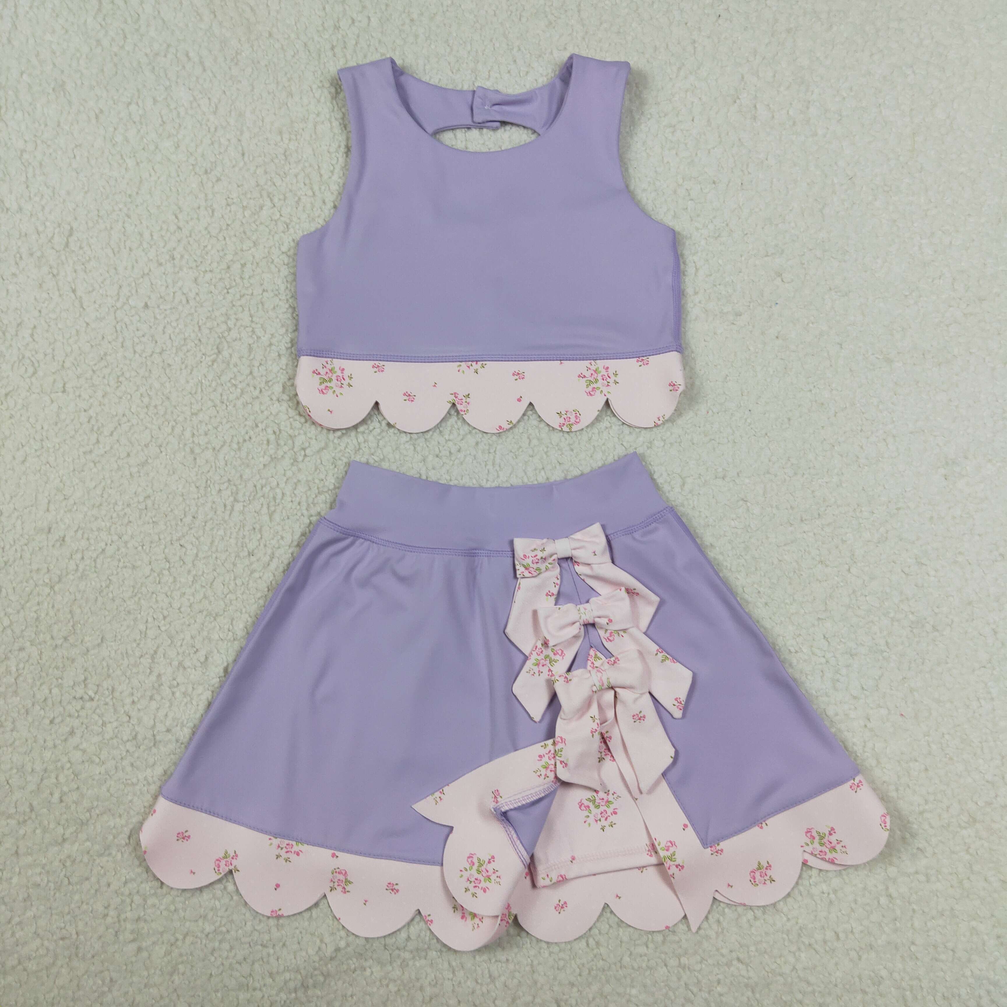 GSD3323 RTS toddler girl clothes purple  girl yoga summer skirt set sports clothing set
