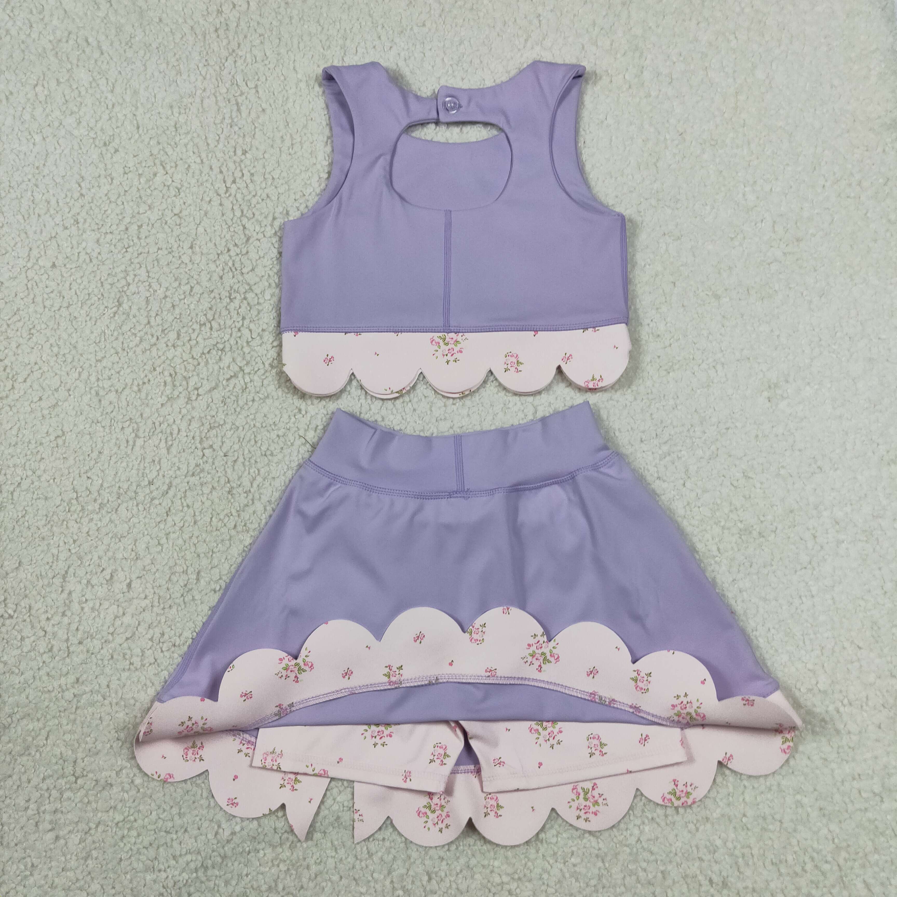 GSD3323 RTS toddler girl clothes purple  girl yoga summer skirt set sports clothing set