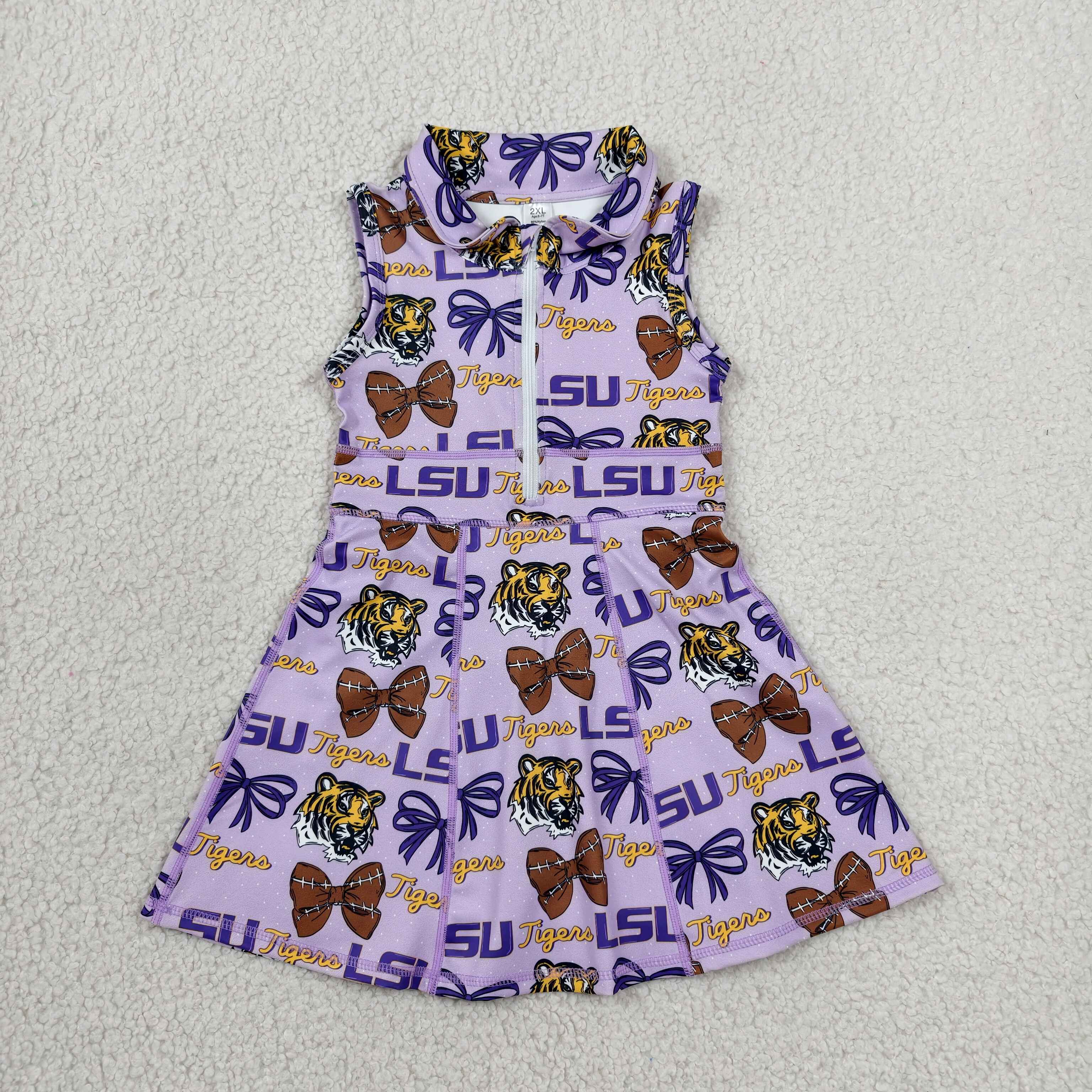 RTS GSD3604 toddler clothes state bows LSU Tigers girl yoga summer dress Sports clothing 