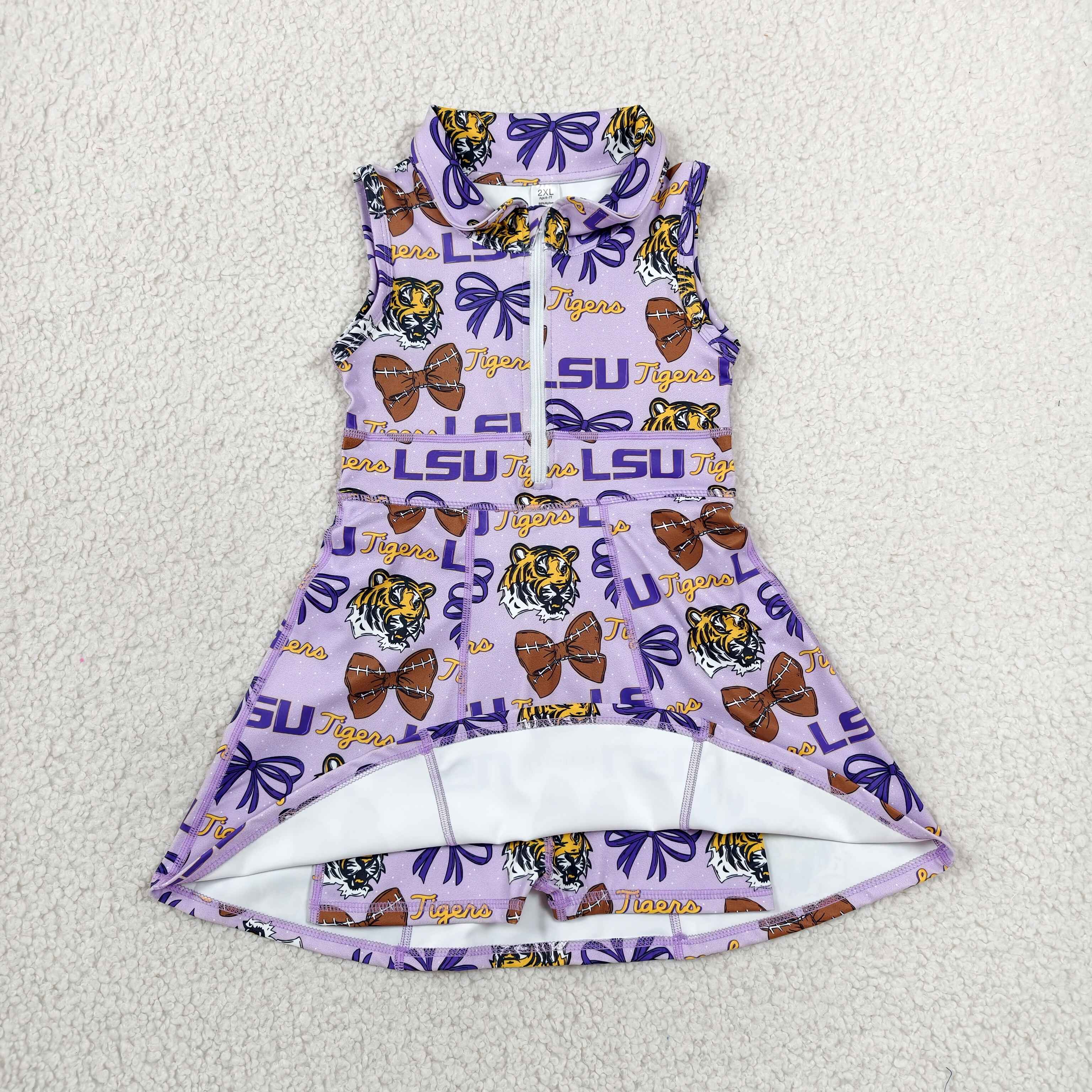 RTS GSD3604 toddler clothes state bows LSU Tigers girl yoga summer dress Sports clothing 