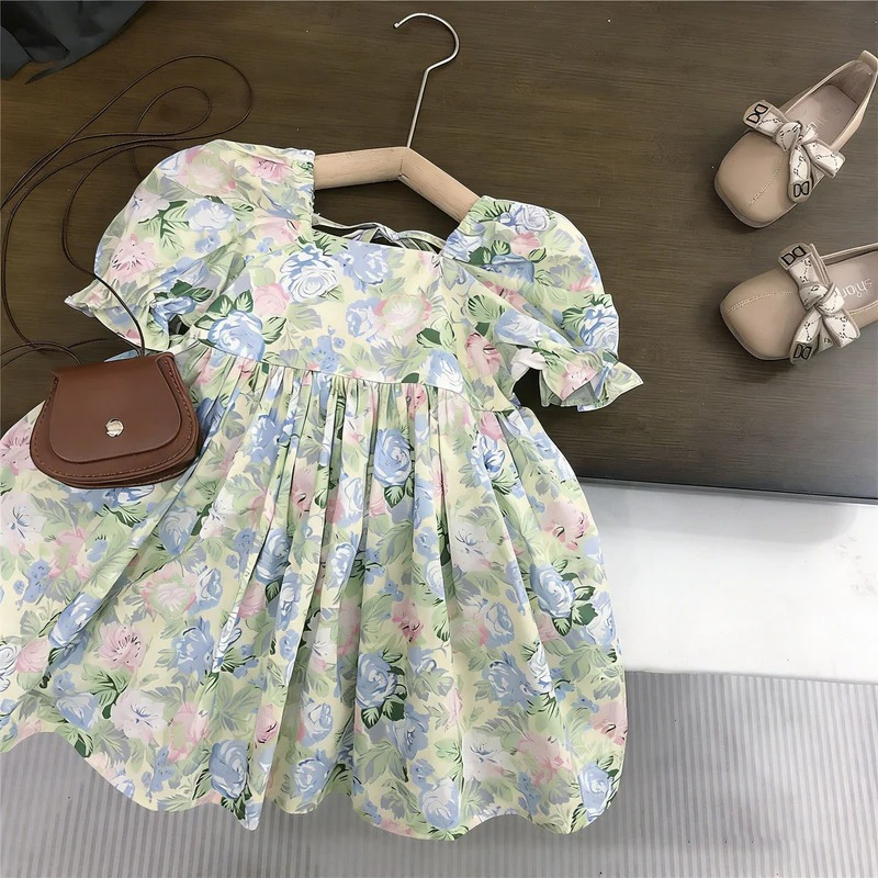 GSD3615 pre-order kids girl clothes flower print girl summer dress -real pic 2026.1.31 