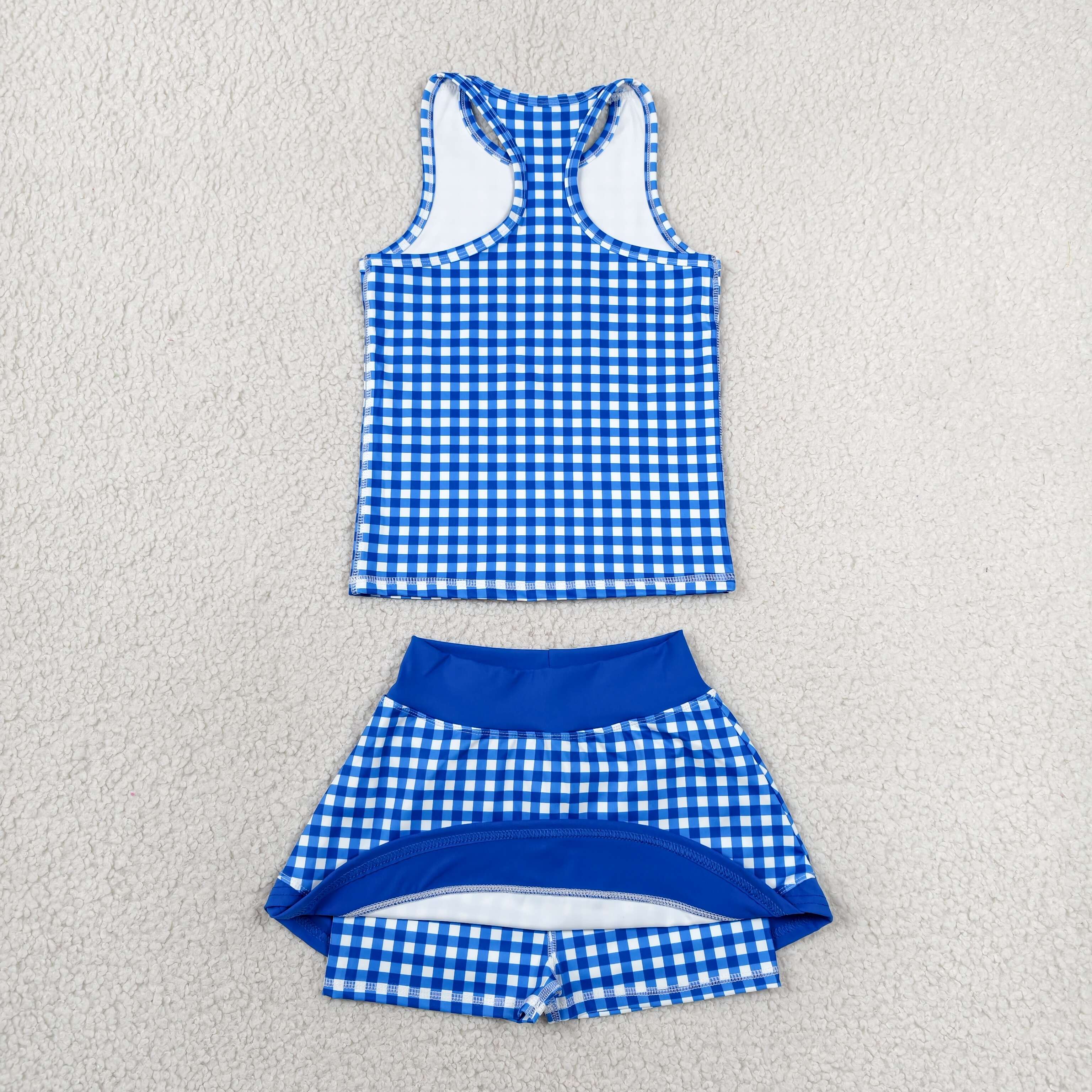 GSD3652 RTS baby girl clothes blue gingham toddler girl yoga skirt outfit summer shorts set