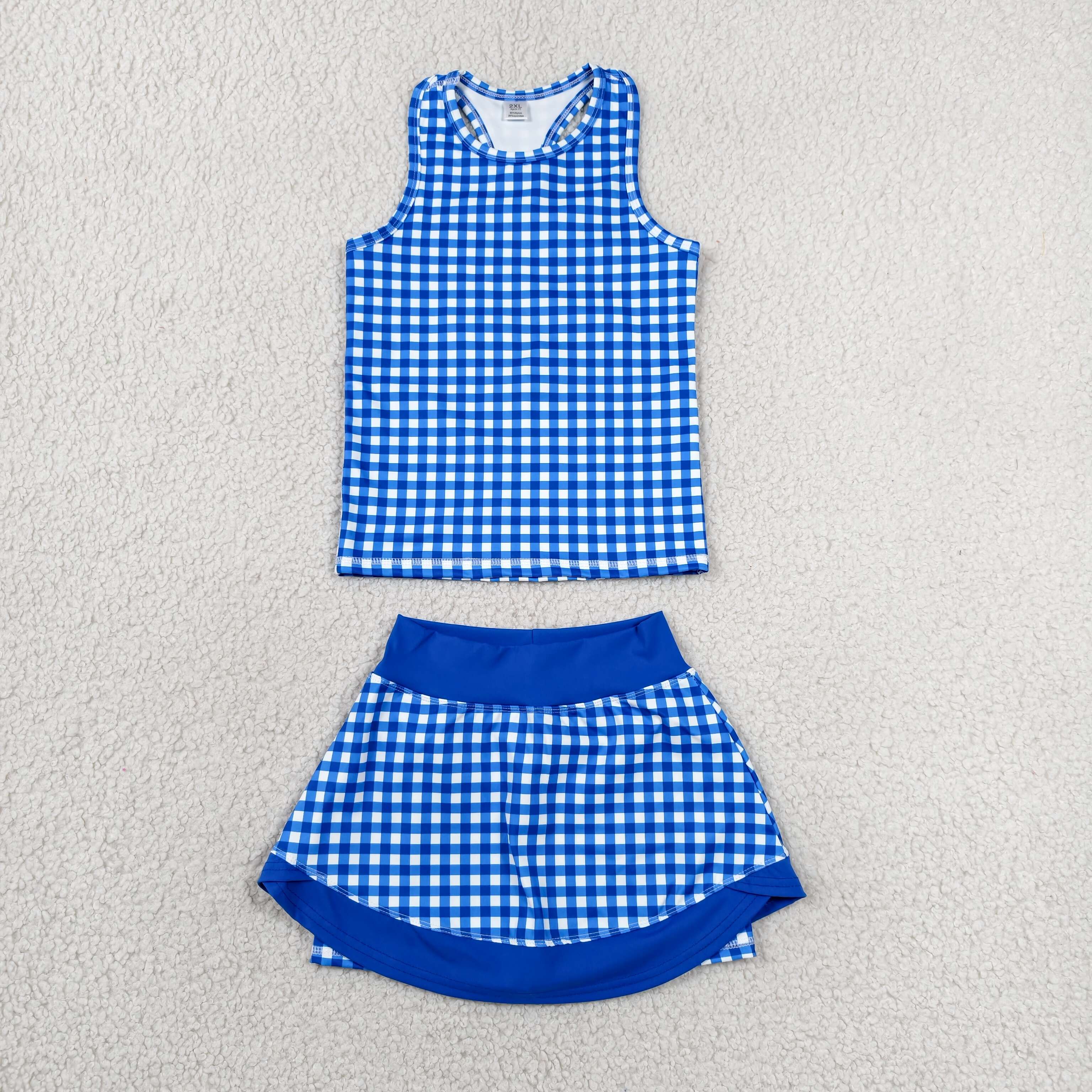 GSD3652 RTS baby girl clothes blue gingham toddler girl yoga skirt outfit summer shorts set